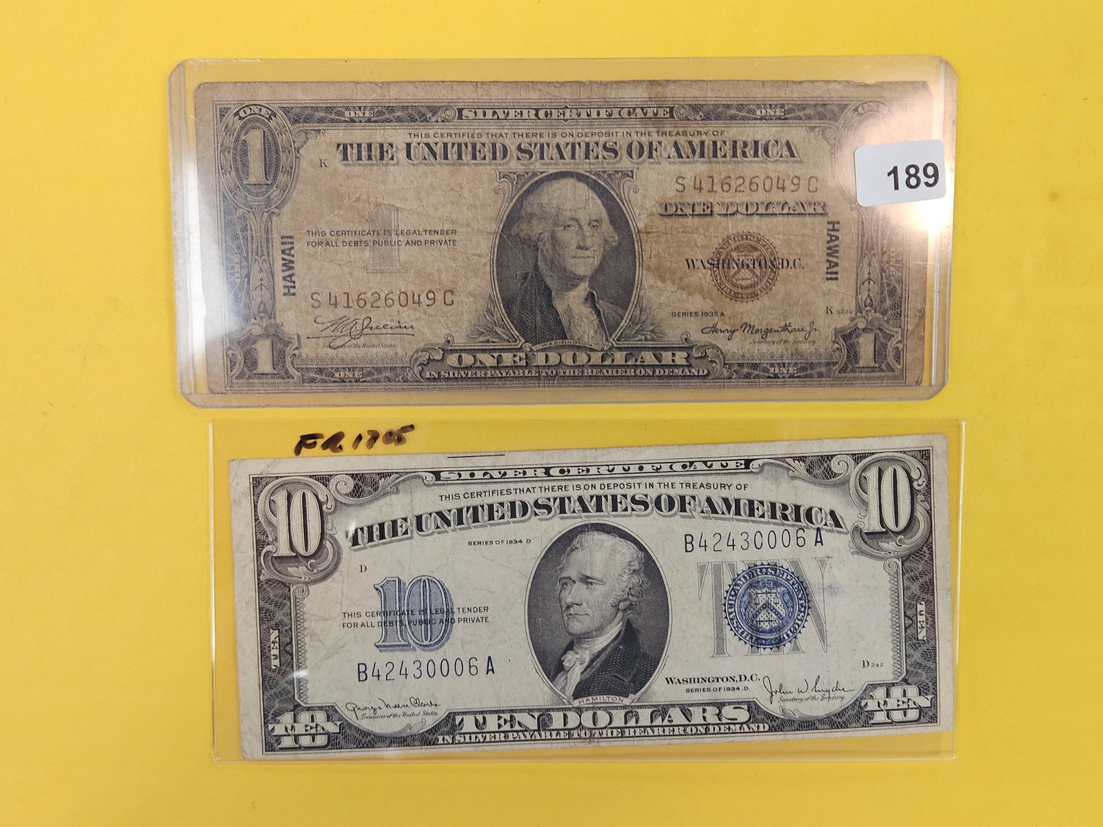 One and Ten Dollar Silver Certificates: 1934-D $10 and 1935-A One Dollar HAWAII