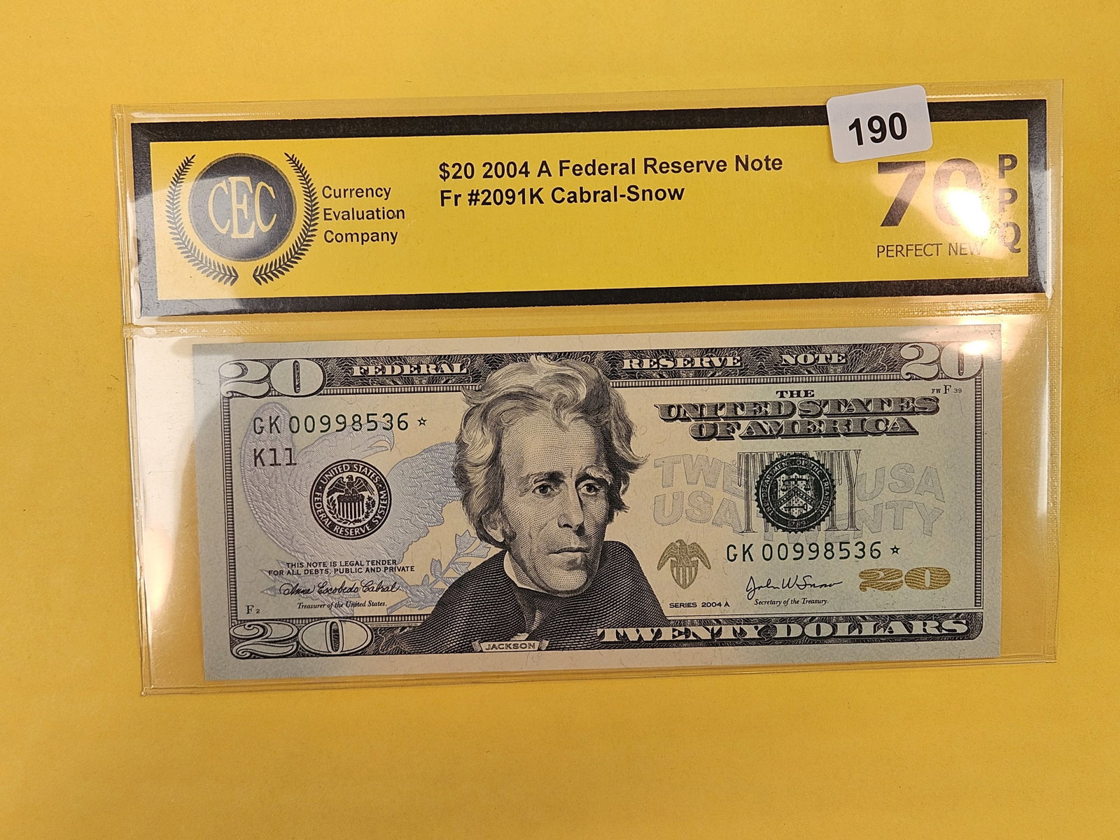 2004-A Twenty Dollar FRN STAR Replacement note: In a holder graded perfect 70