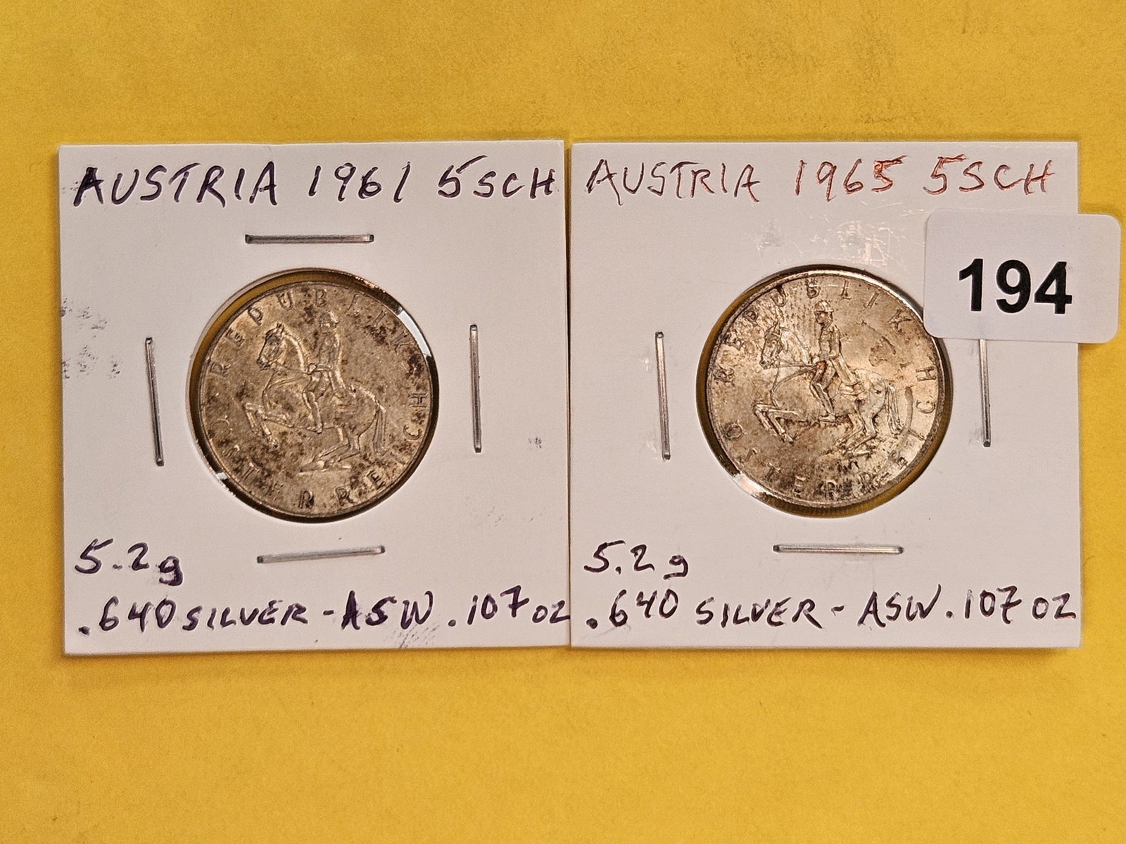 Two Brilliant Austria silver 5 schillings: 1961 and 1965. Both with some patina