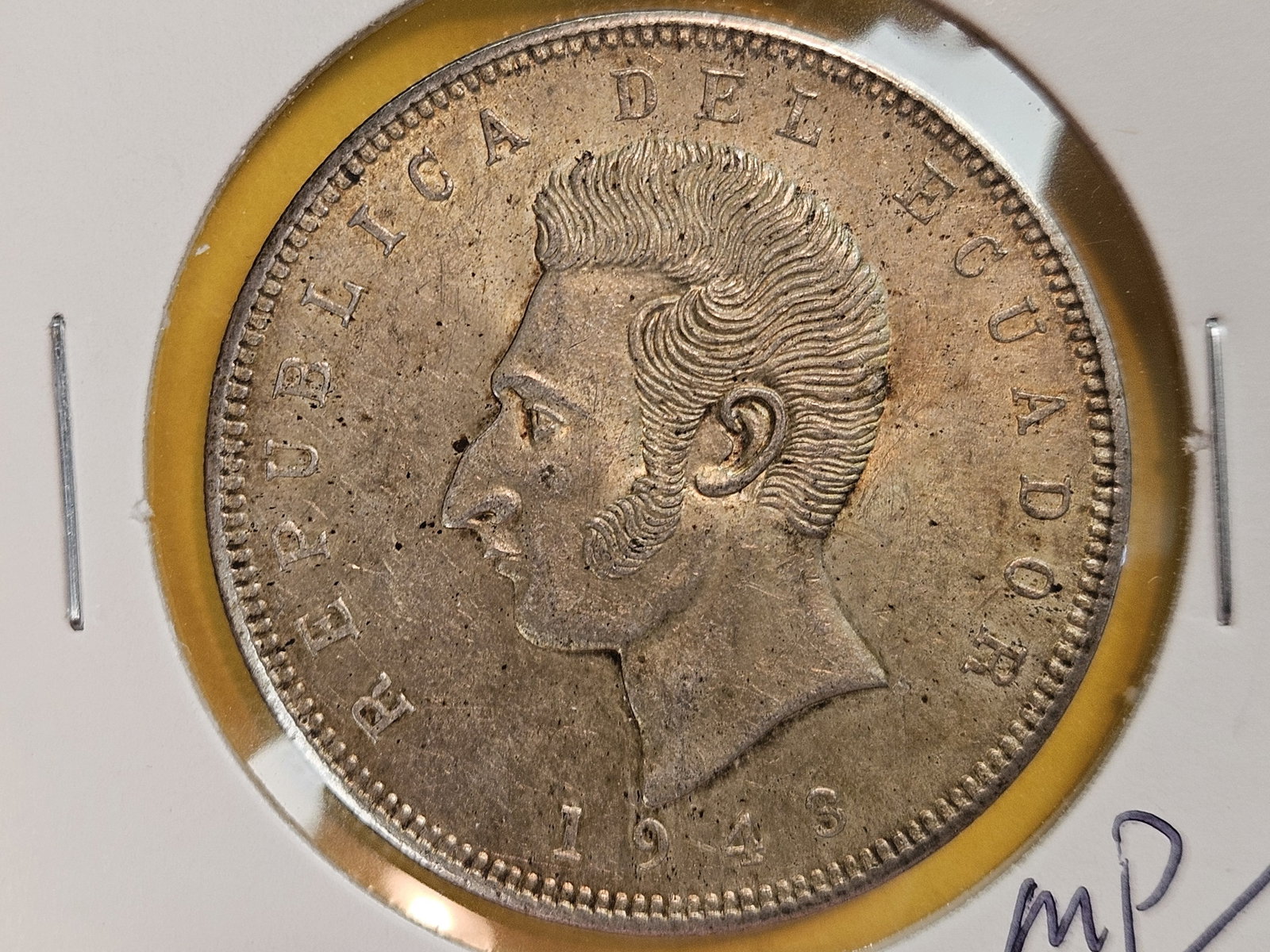 1943 Ecuador silver 5 sucres: Good luster under a light patina