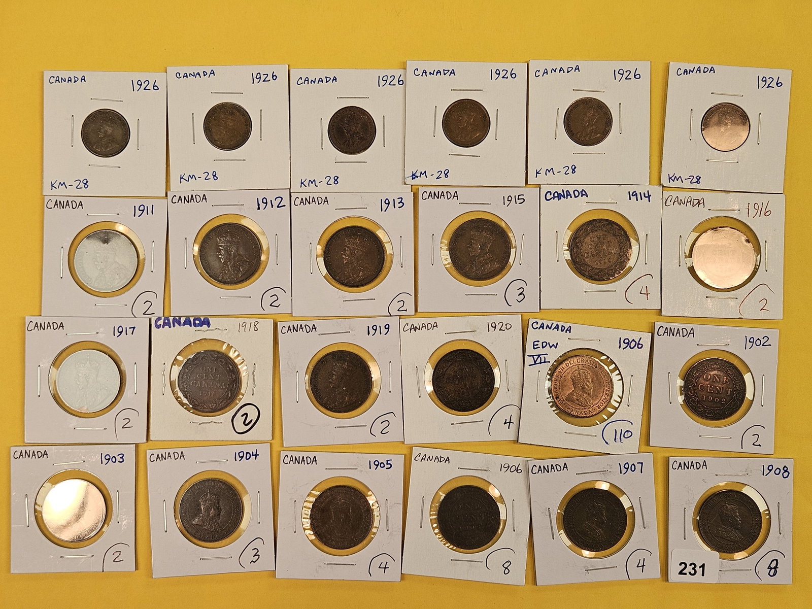 Twenty-four mixed Canadian Copper coins: Large and small cents