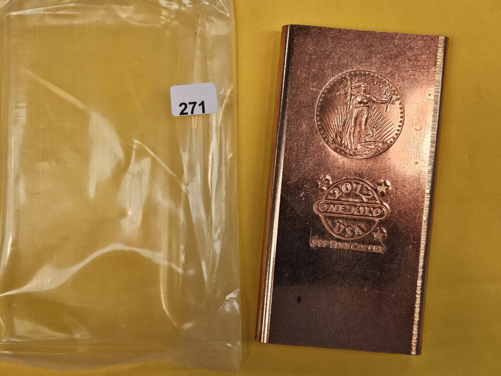 ONE KILO .999 fine Copper Bar: Gaudens motif