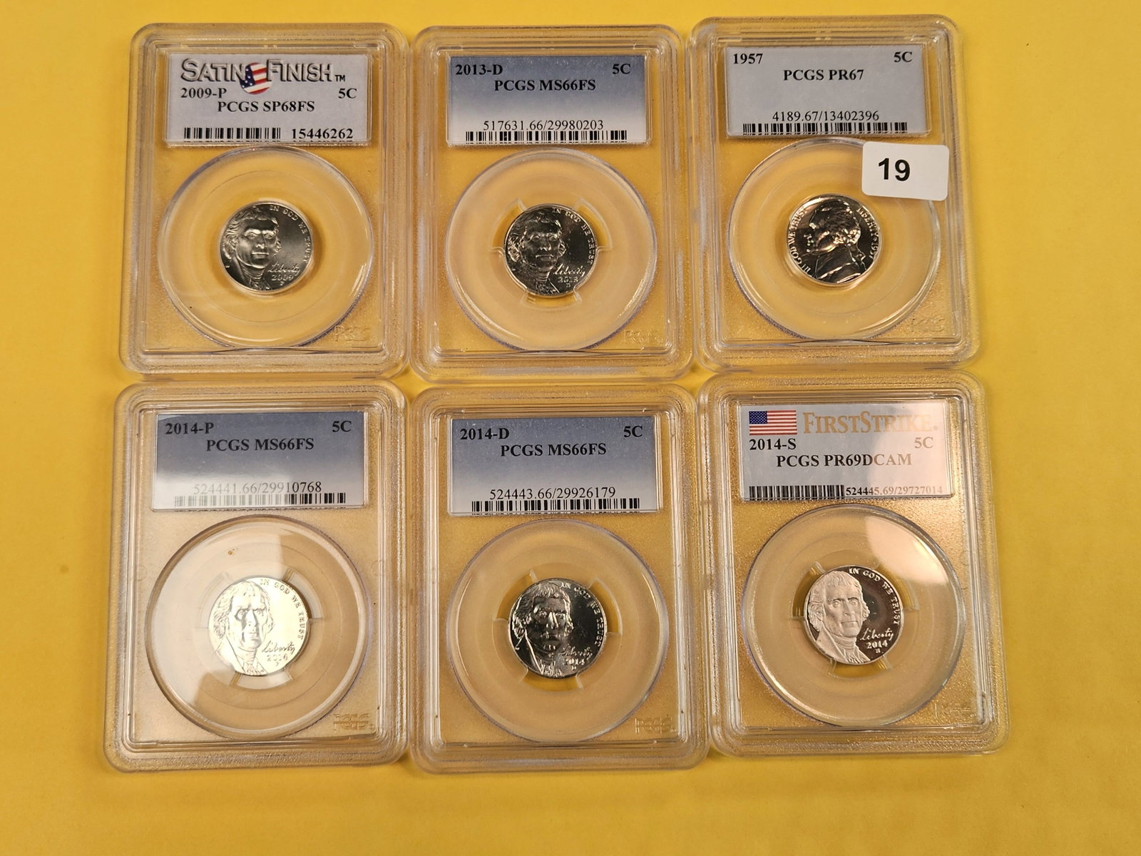 Six mixed GEM PCGS-graded Jefferson Nickels - 2