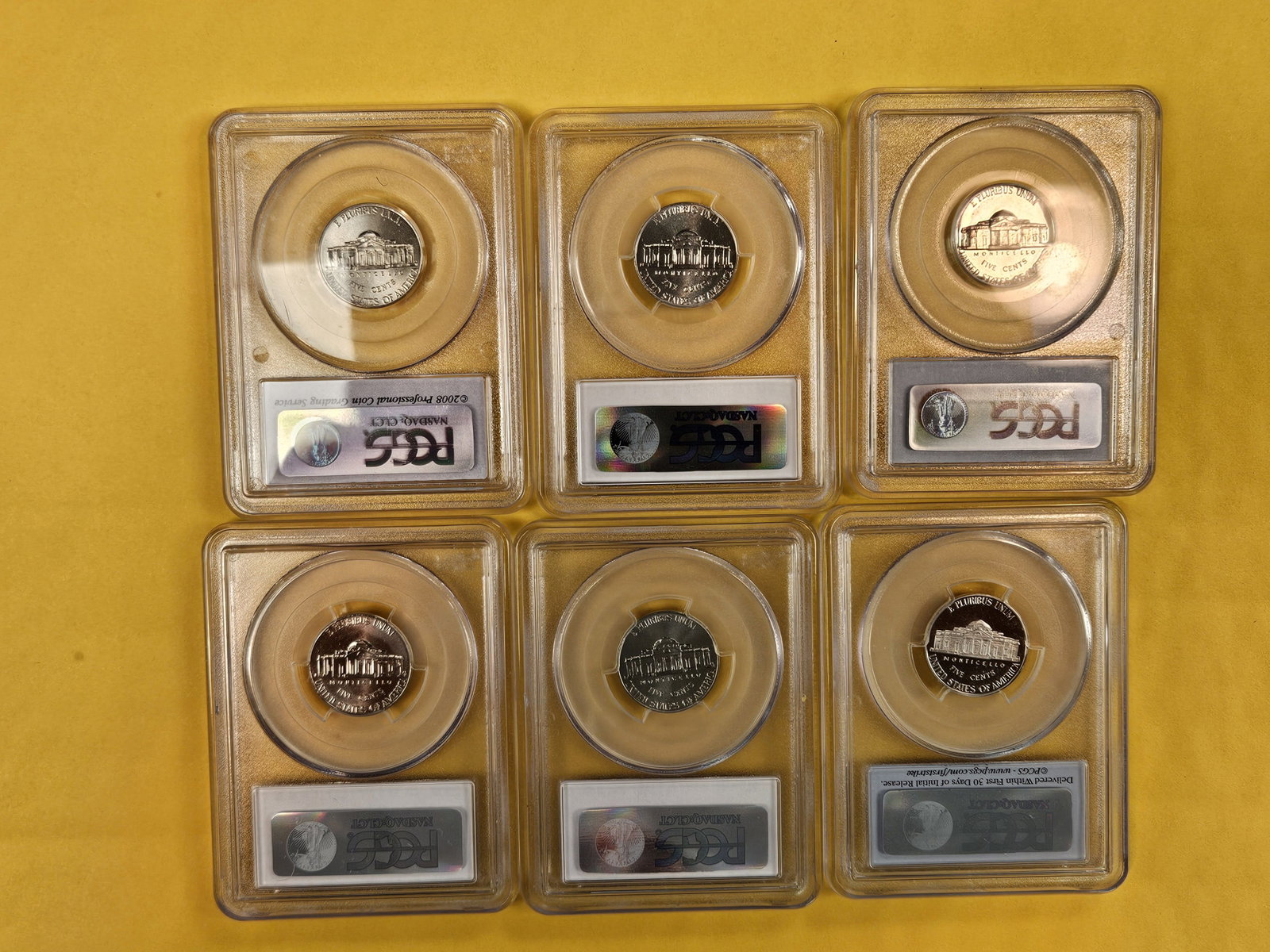 Six mixed GEM PCGS-graded Jefferson Nickels - 3