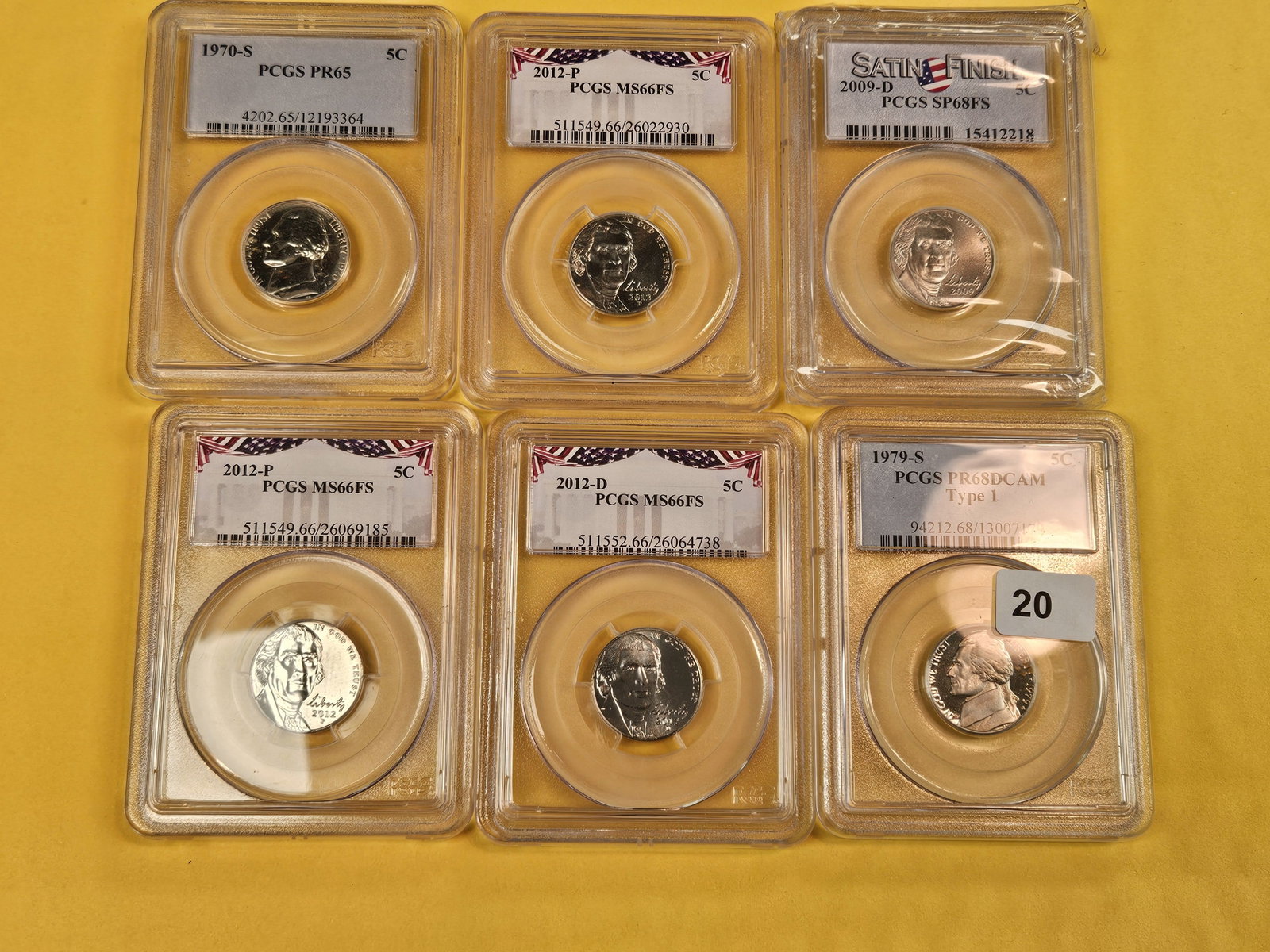 Six mixed GEM PCGS-graded Jefferson Nickels - 2