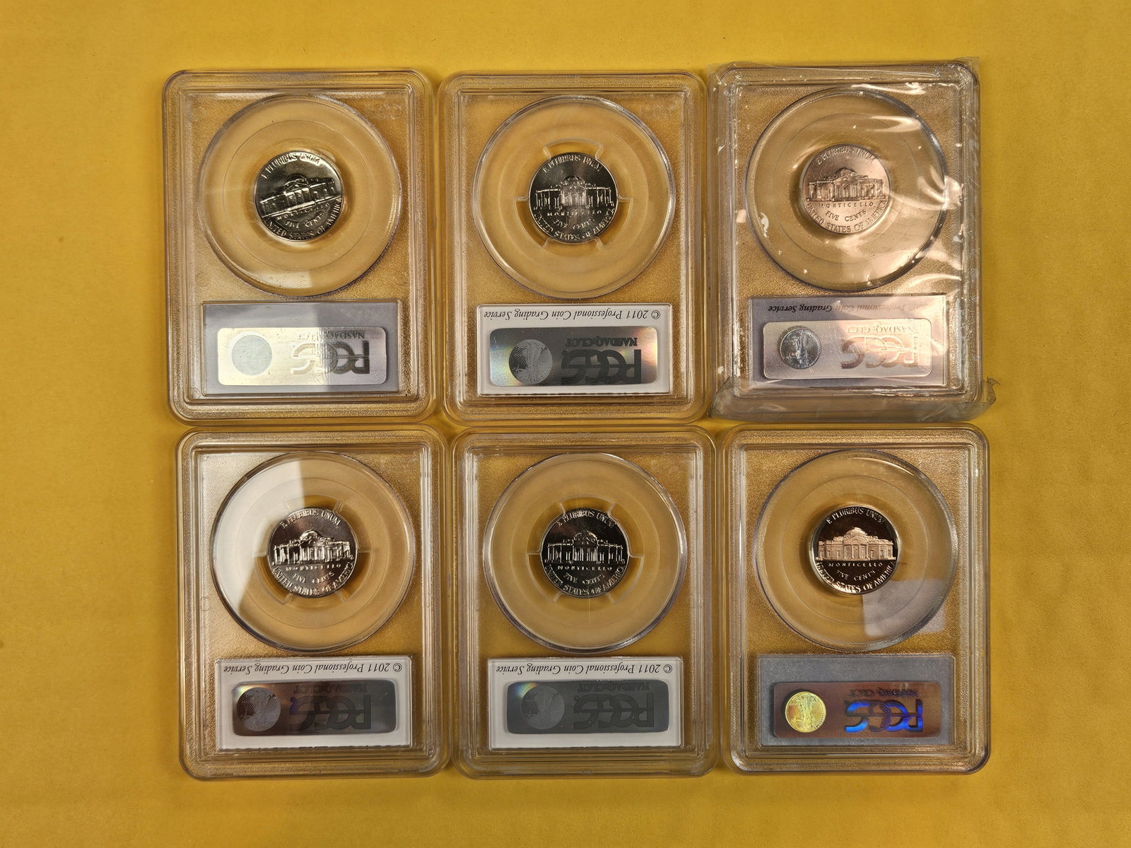 Six mixed GEM PCGS-graded Jefferson Nickels - 3