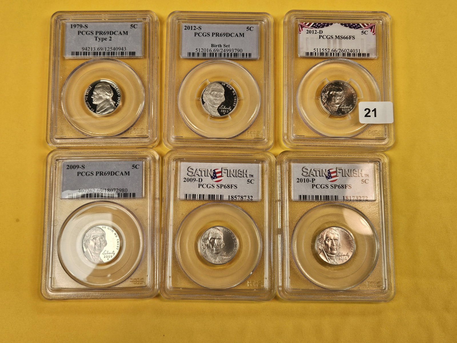 Six mixed GEM PCGS-graded Jefferson Nickels - 2