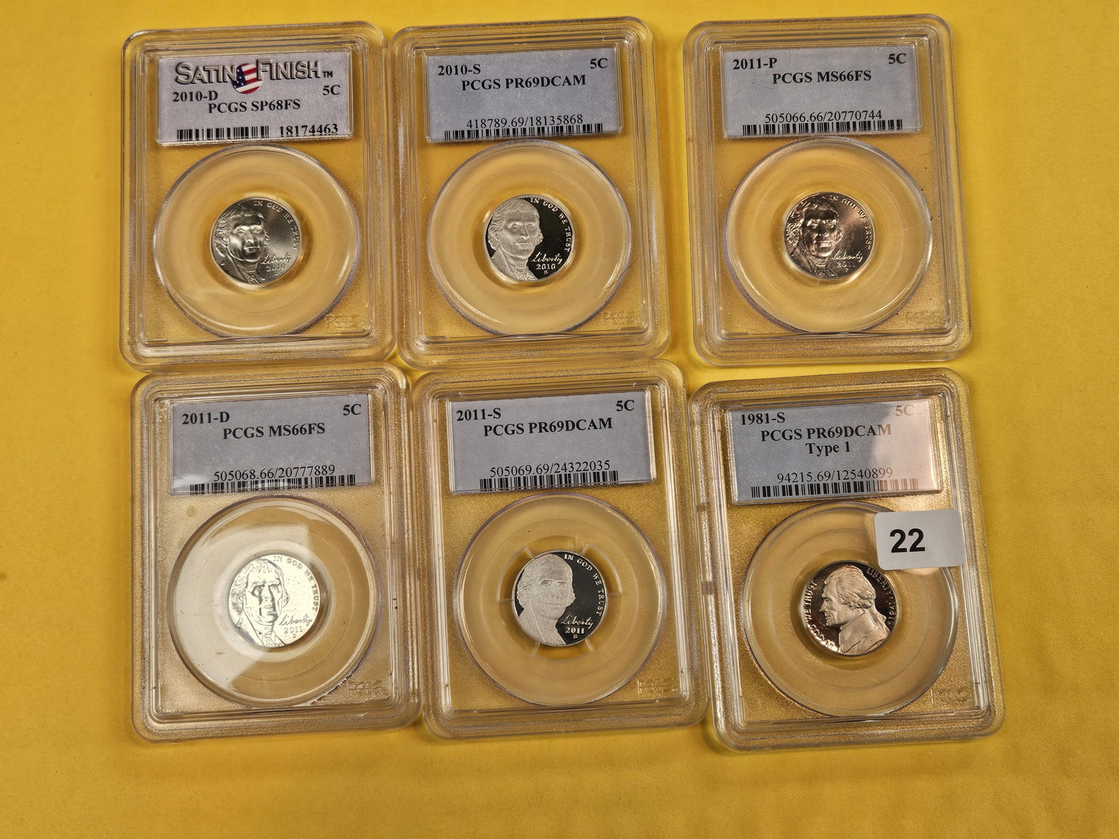 Six mixed GEM PCGS-graded Jefferson Nickels - 2