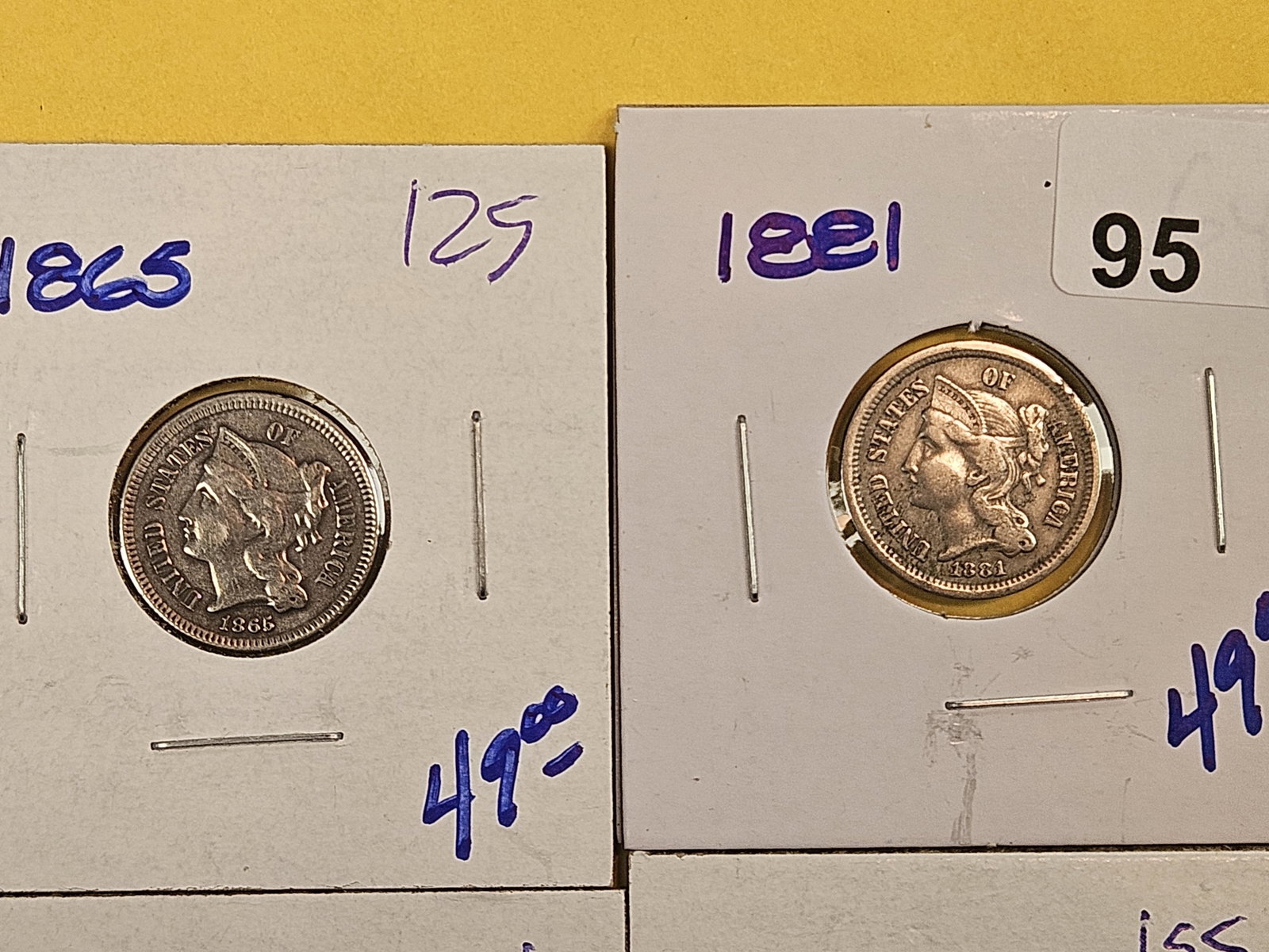 Four mixed Three Cent Nickels - 2