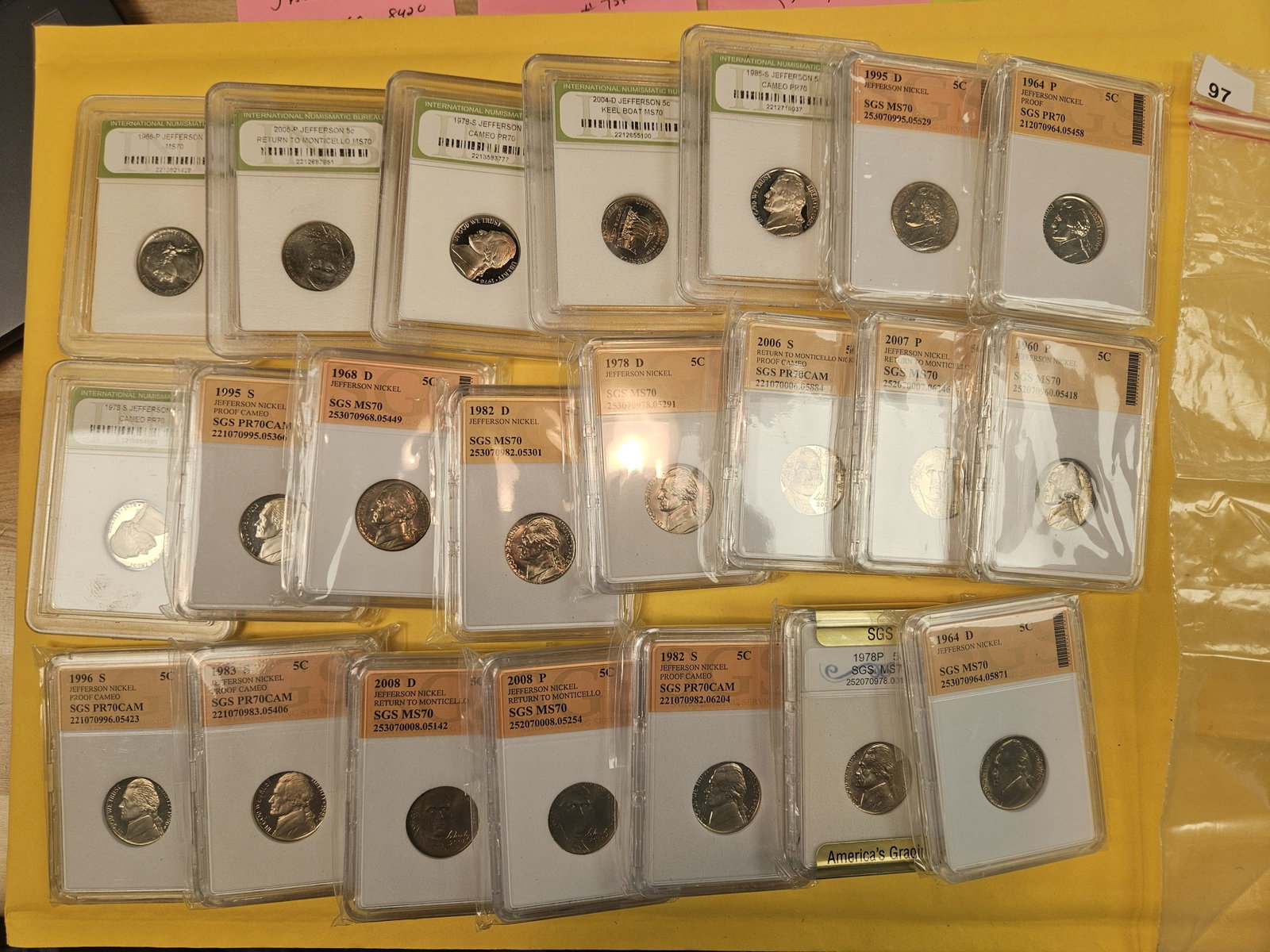 Twenty-Two mixed Jefferson nickels: Nice! All in off-brand slabs