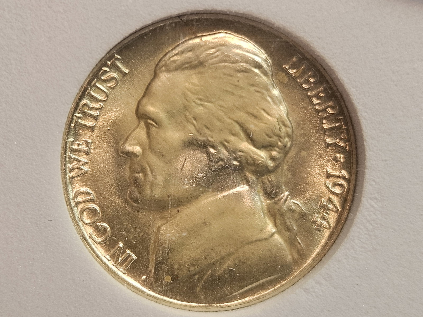 VARIETY! GEM Brilliant Uncirculated 1944-D Silver Wartime Jefferson Nickel: Fivaz-Stanton FS-501 Repunched Mint Mark. The mintmark was repunched east of the first impression