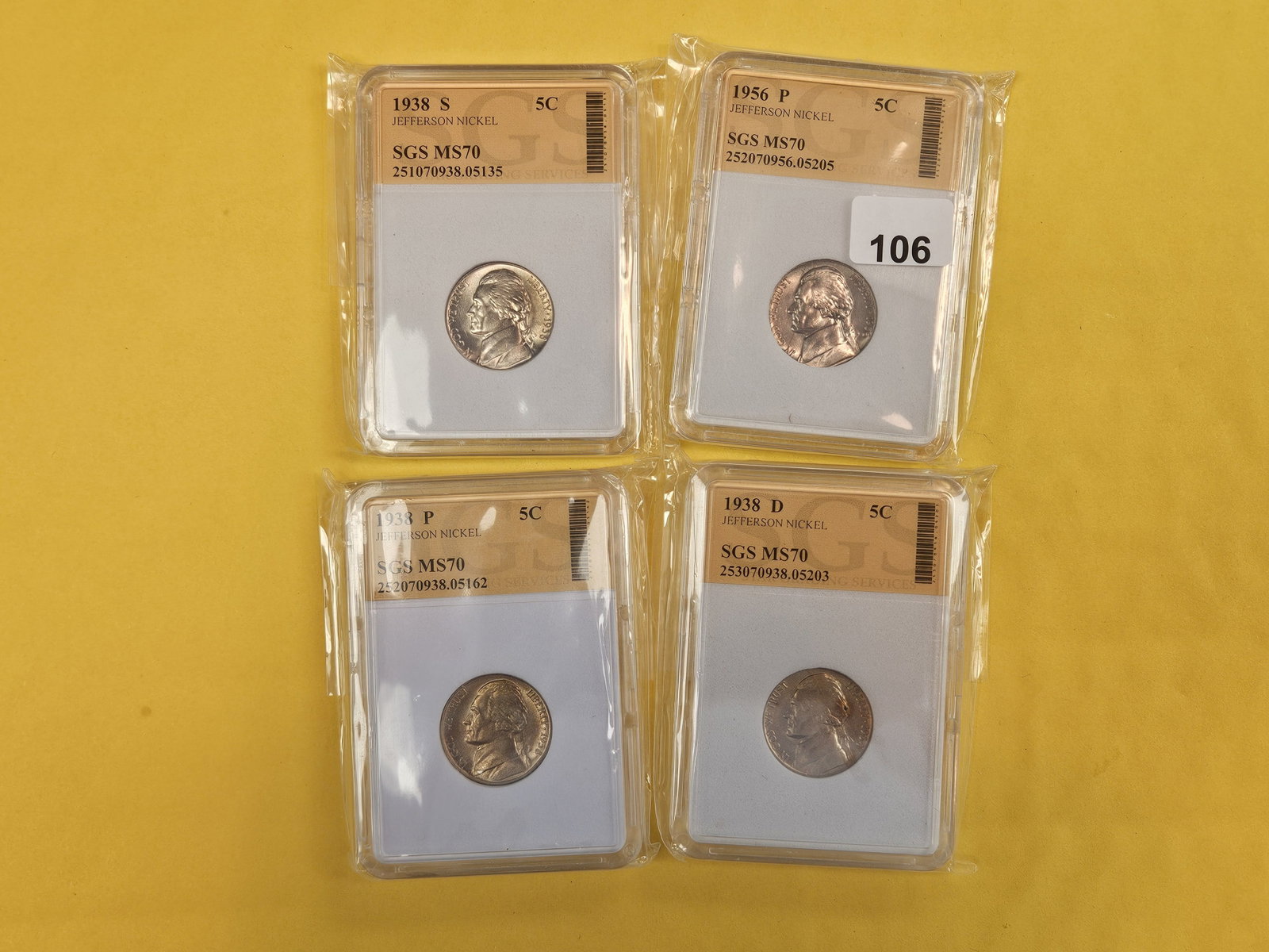 Four GEM Brilliant Uncirculated Jefferson Nickels: Three First Year Issue 1938 P-D-S, and a 1956