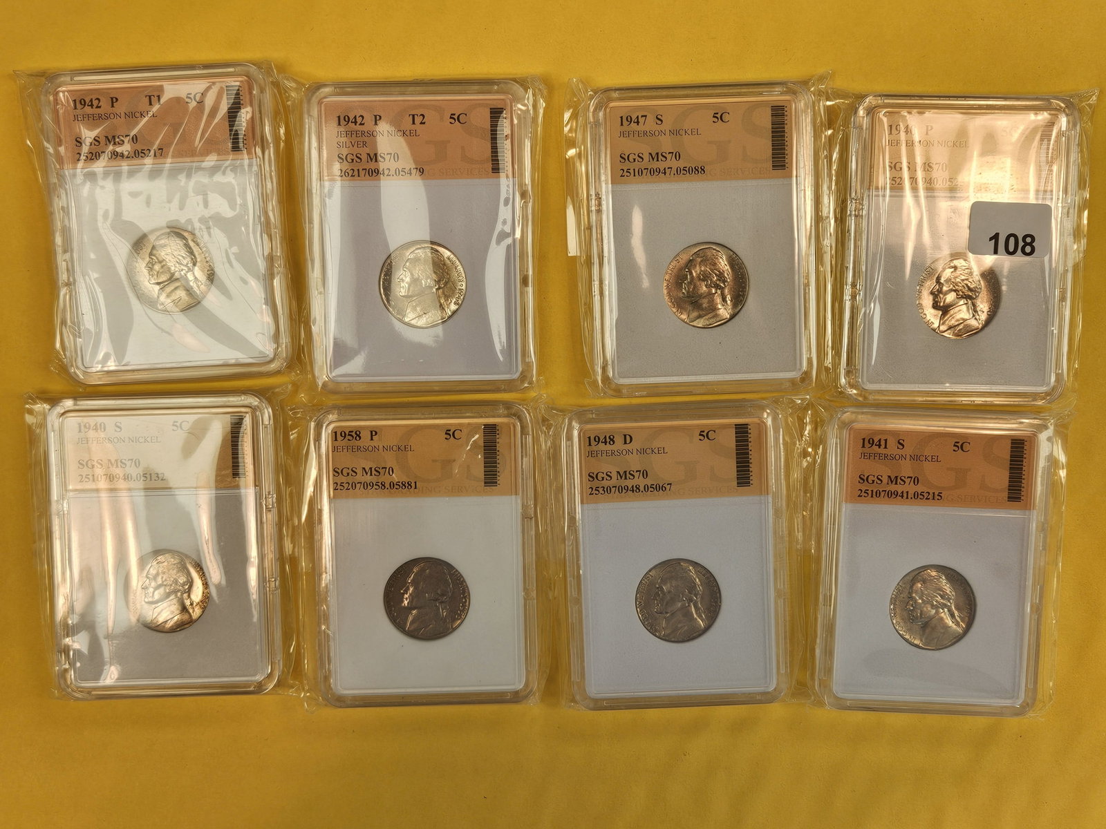 Eight GEM Brilliant Uncirculated Jefferson Nickels: One silver. All 40's and 50's