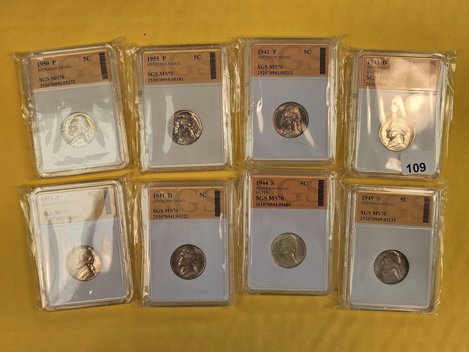 Eight GEM Brilliant Uncirculated Jefferson Nickels: Includes two silver Wartime
