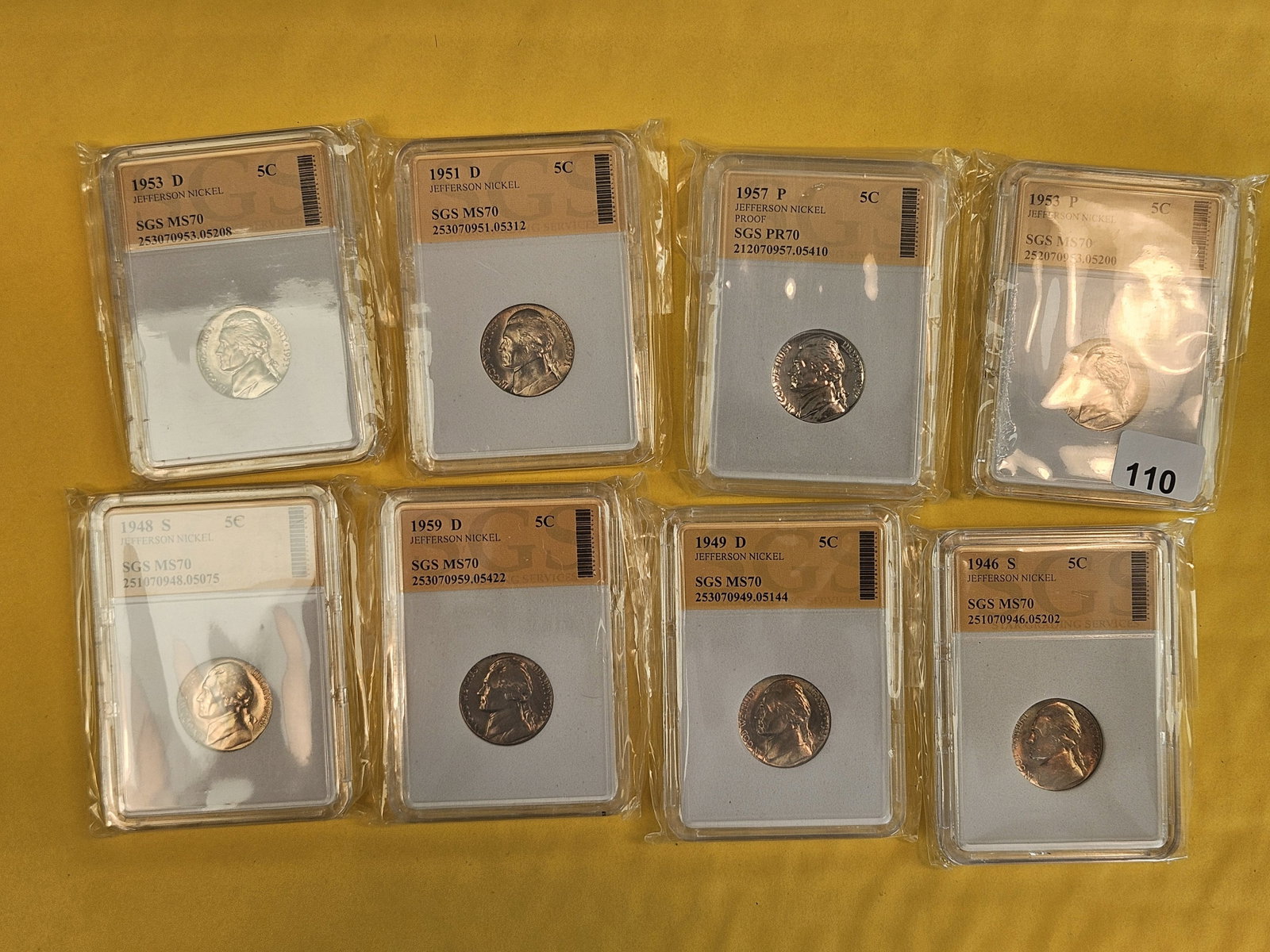 Eight GEM Brilliant Uncirculated Jefferson Nickels: All 40's and 50's
