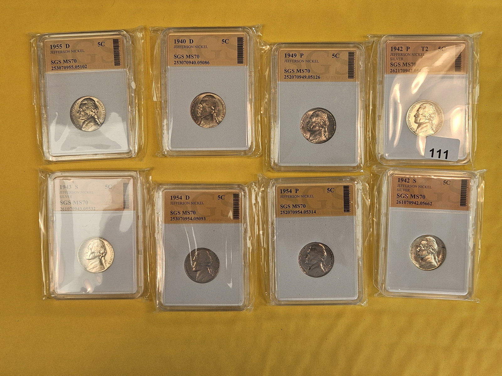 Eight GEM Brilliant Uncirculated Jefferson Nickels: Includes Three silver Wartime