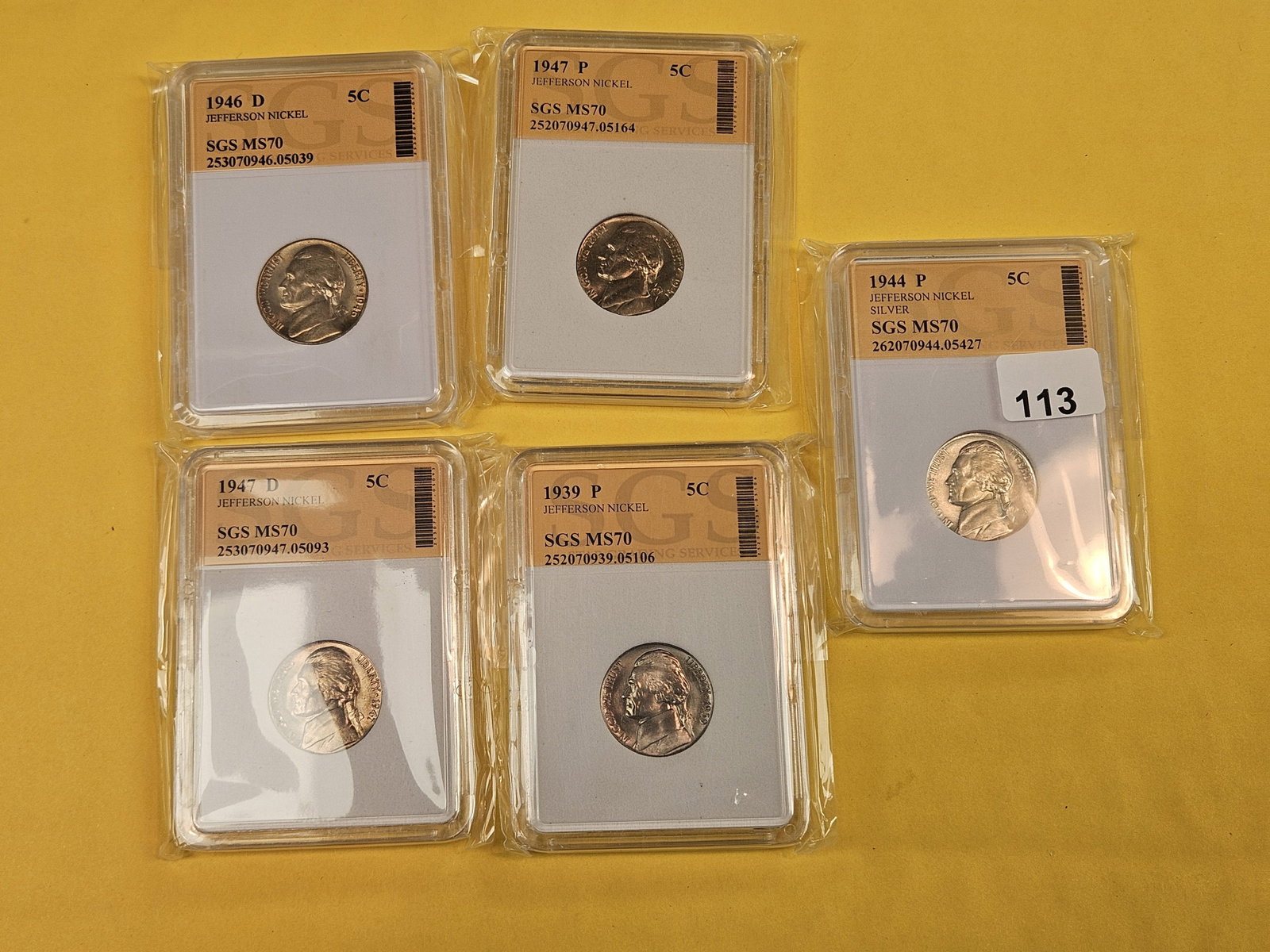 Five GEM Brilliant Uncirculated Jefferson Nickels - 2