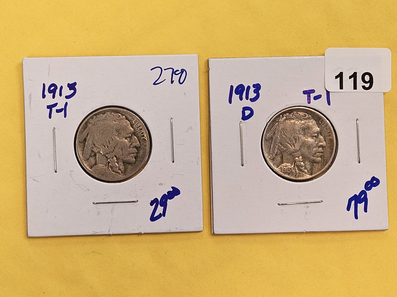 Two First Year issue Buffalo Nickels: 1913 Type 1 and 1913-D type 1