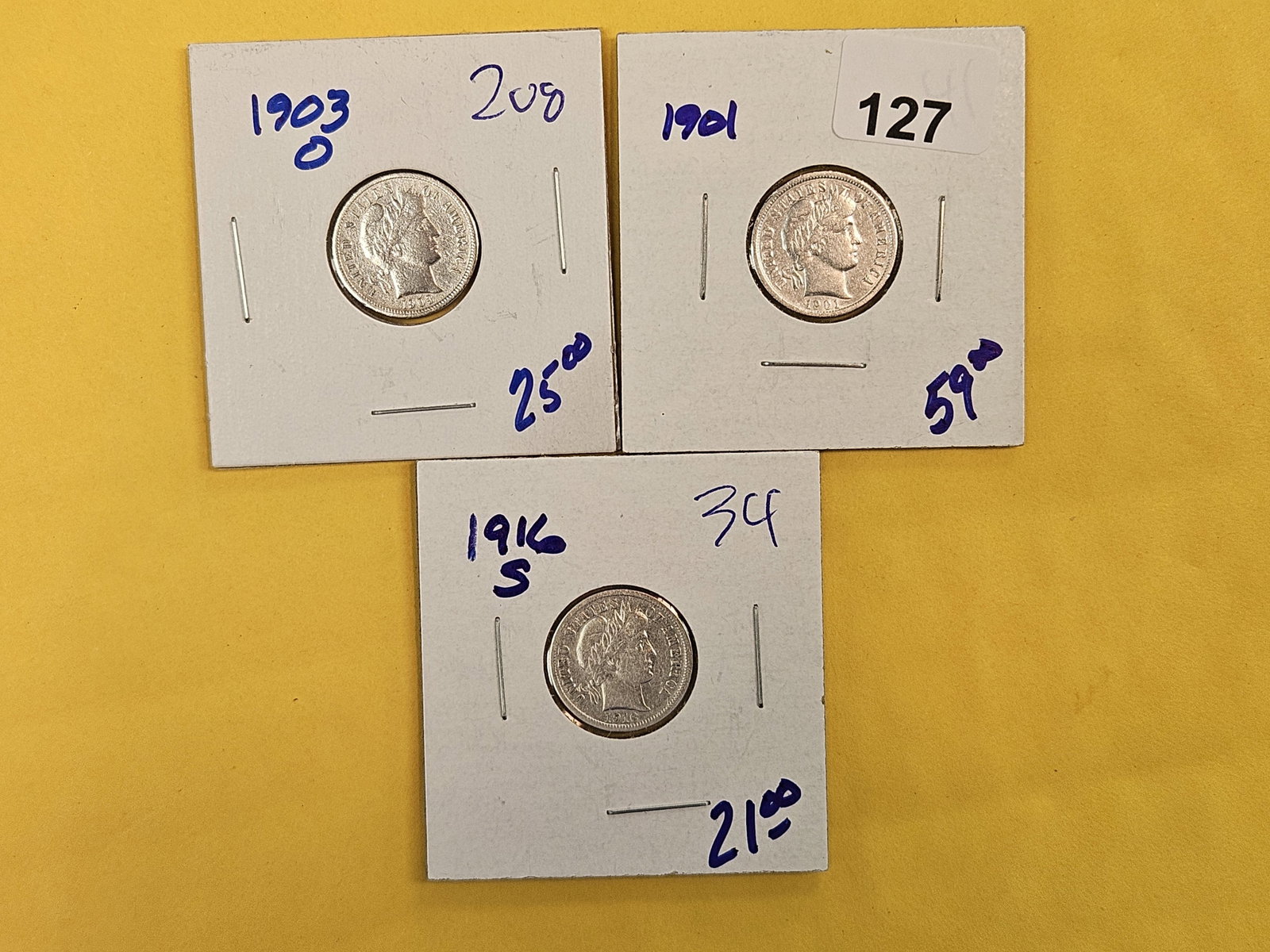 Three Barber silver Dimes: All with readable Liberty in the headband