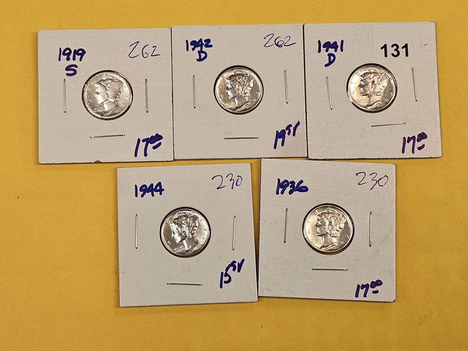 Five mixed silver Mercury Dimes - 2