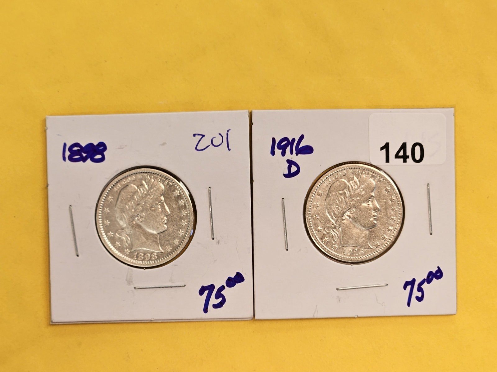 1898 and 1916-D Barber silver Quarters: Both with fully readable Liberty in the headbands