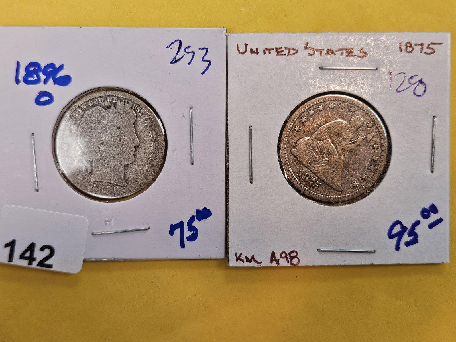 Two better, mixed, silver Quarters: 1896-O Barber and 1875 Seated