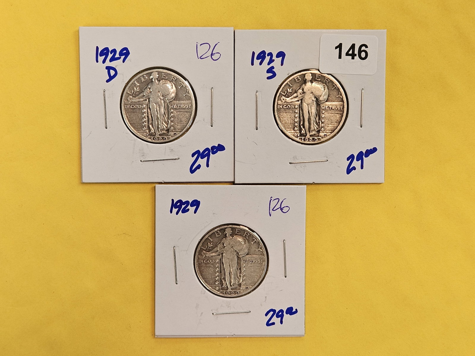 Three Standing Liberty silver Quarters: 1929 P-D-S