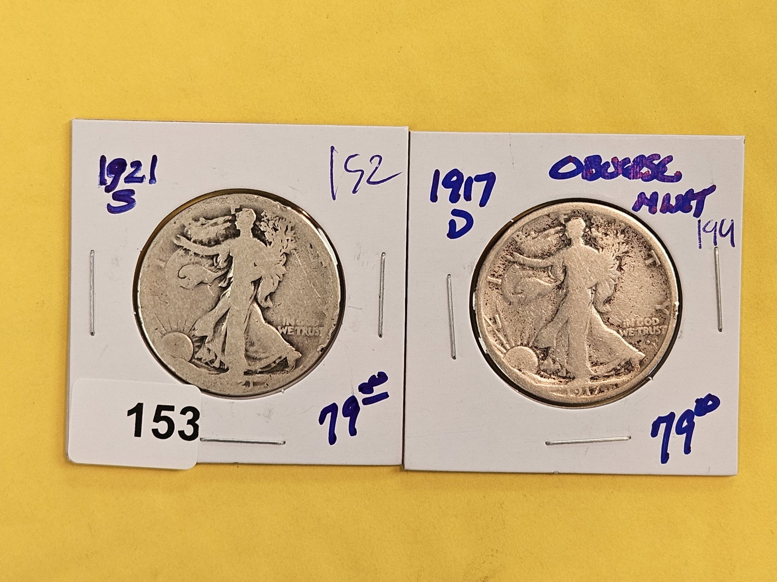 Two Better Date Walking Liberty silver Half Dollars: 1921-S and 1917-D Obverse MM