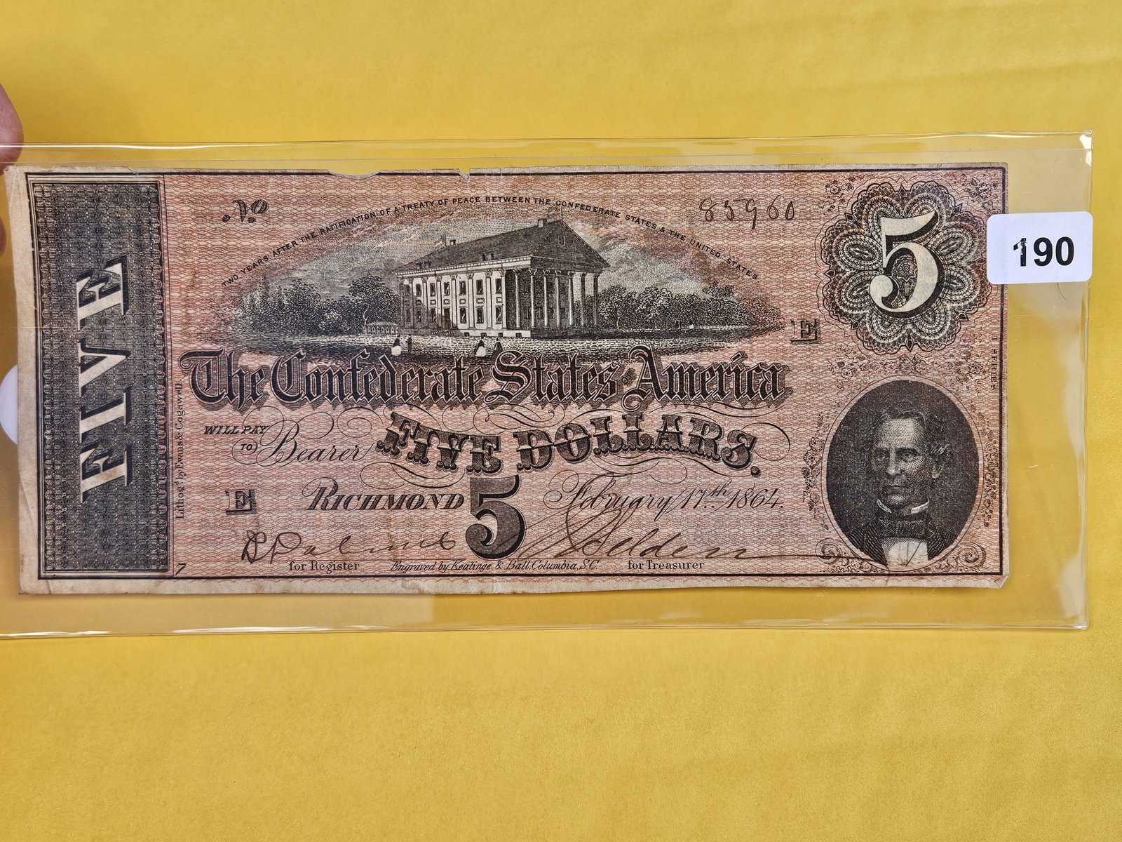 1864 Confederate States of American Five Dollars - 2