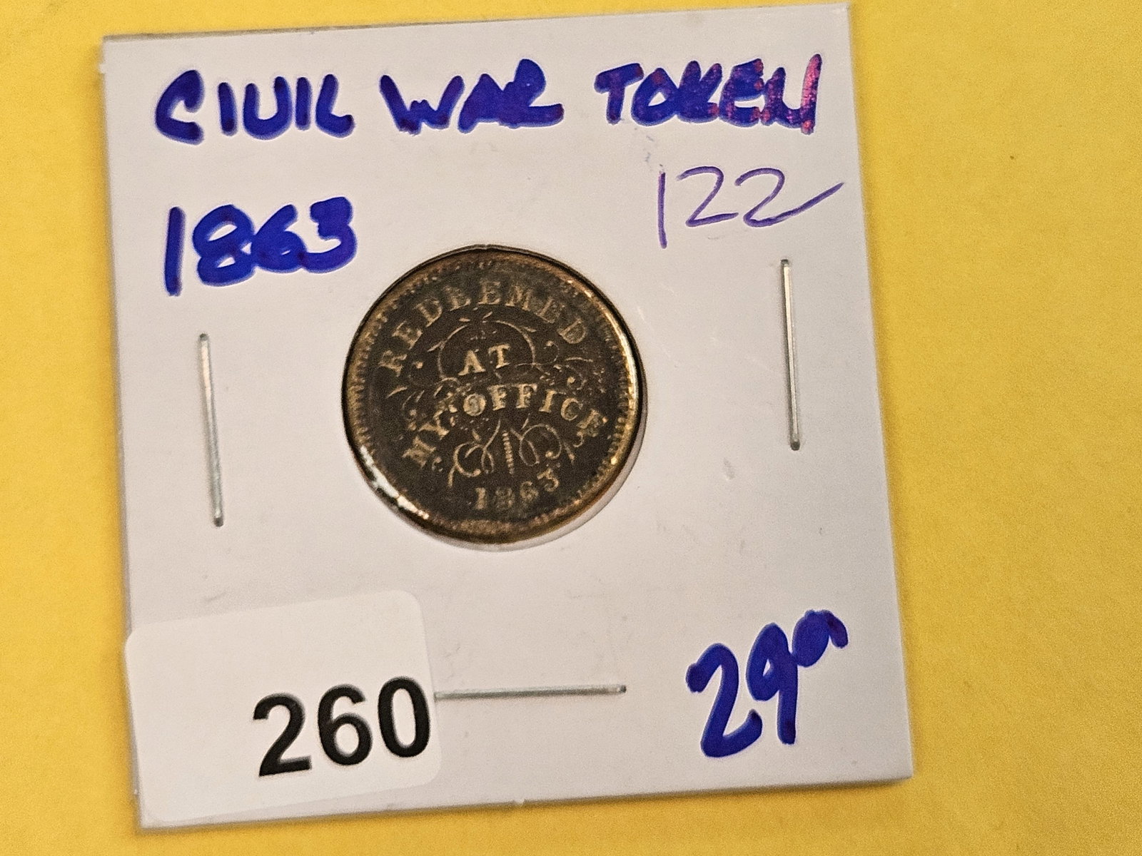1863 Civil War Token Merchant's Store Card - 2