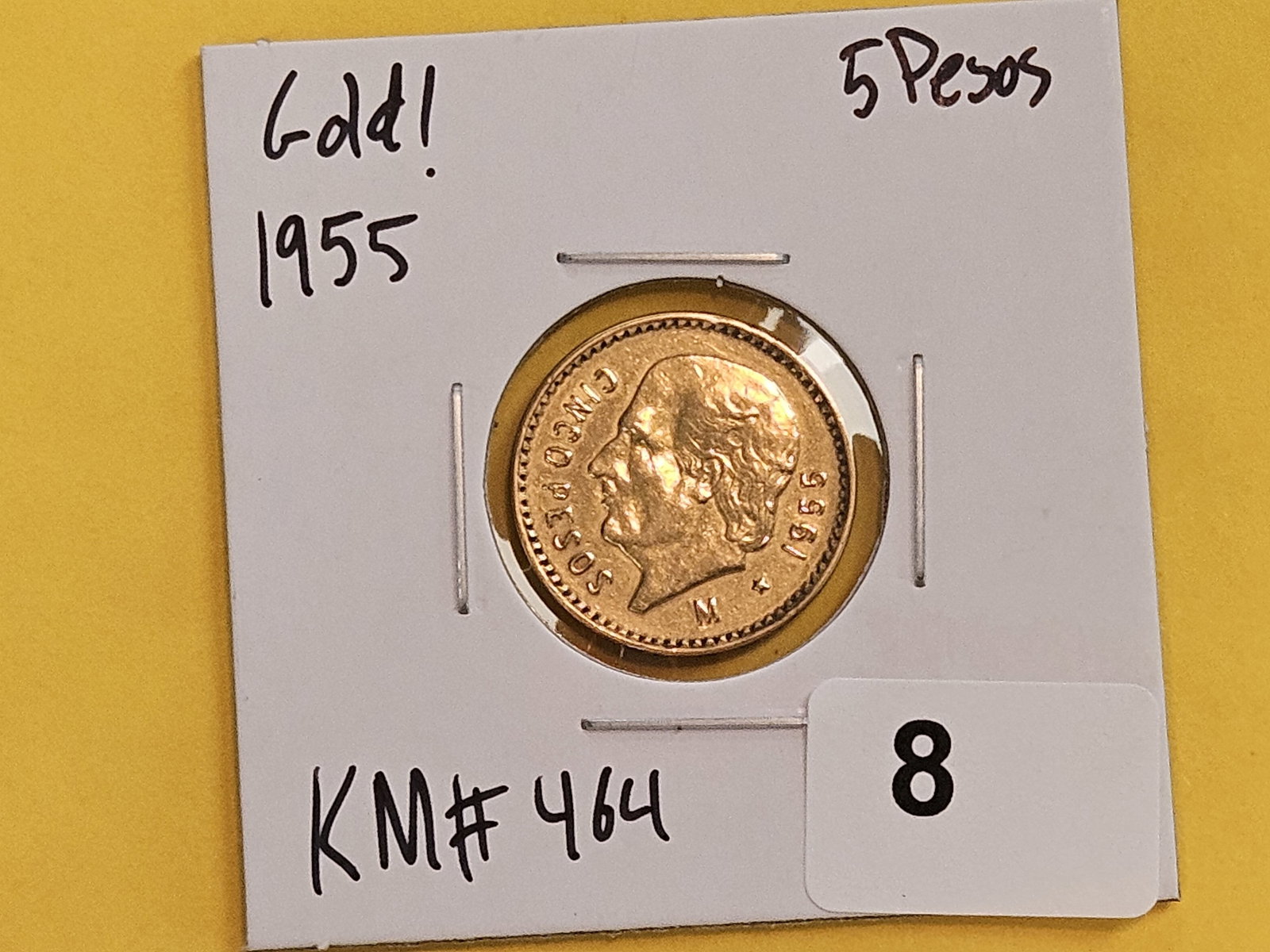 GOLD! Bright 1955 Gold Mexico Five Pesos - 2