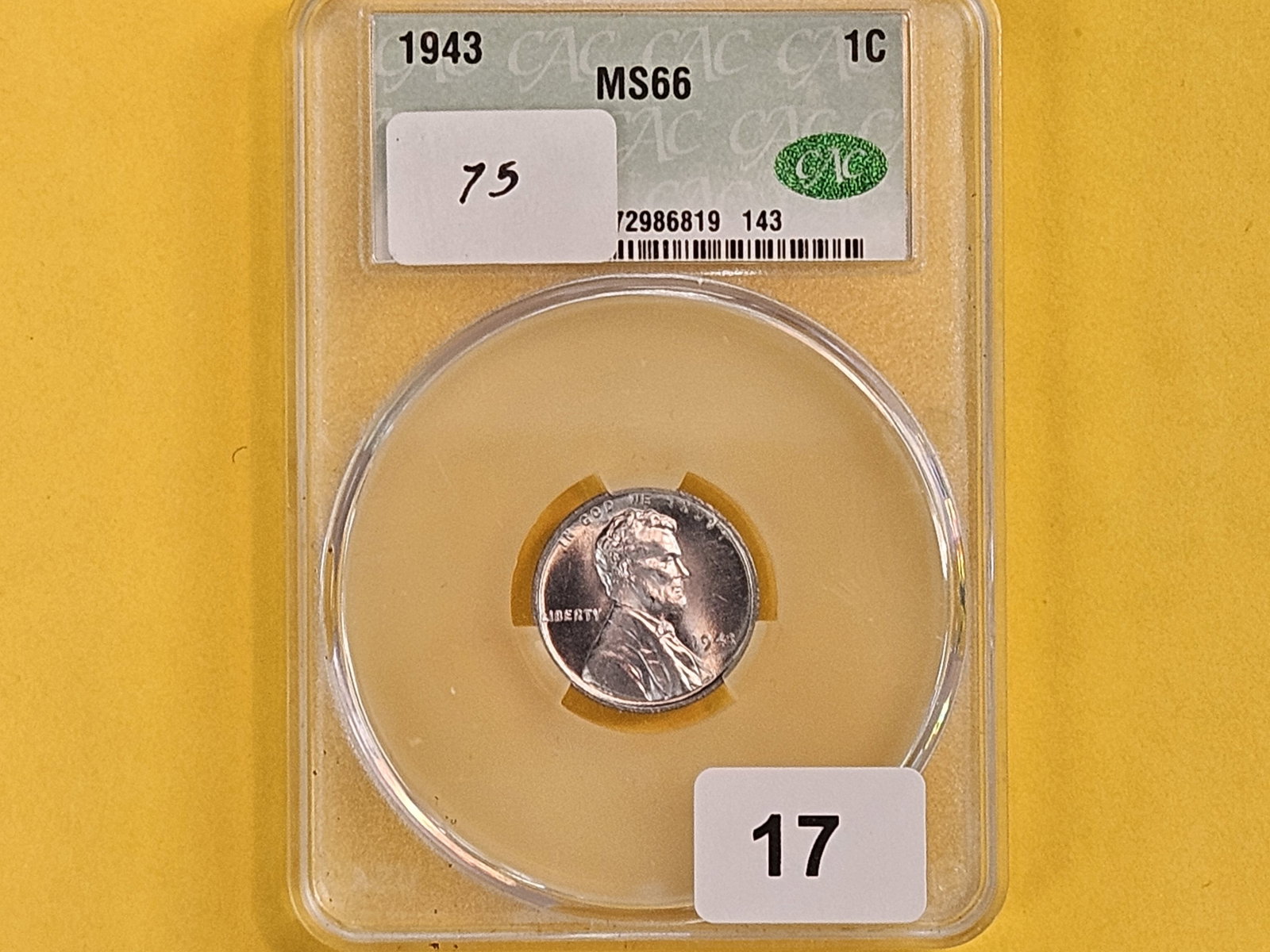 GEM! CACG 1943 Steel Wheat cent in Mint State 66 - 2