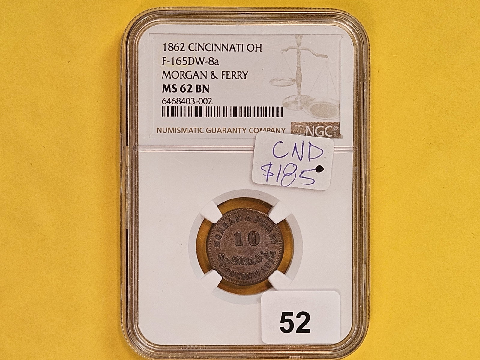 * NGC 1862 Civil War Token Merchant's Store Card in Mint State 62 Brown - 2