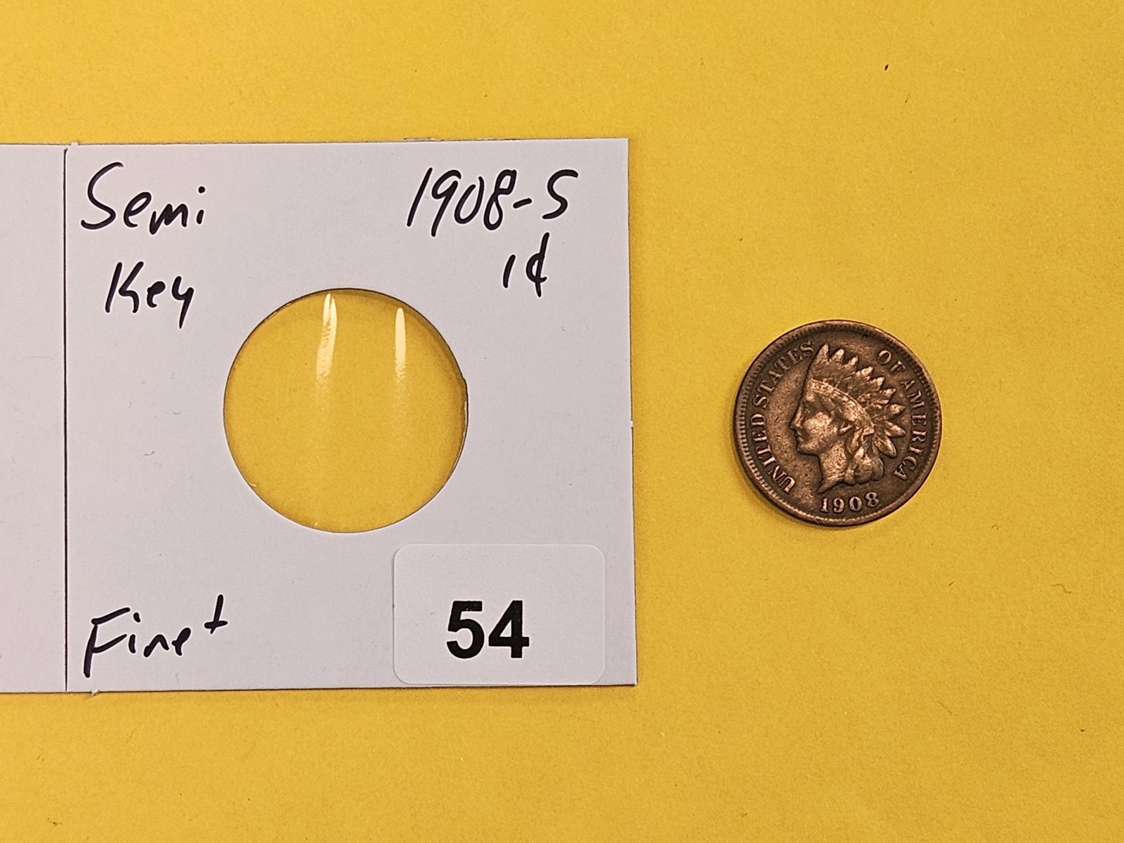 Semi-key 1908-S Indian cent in Fine plus - 2