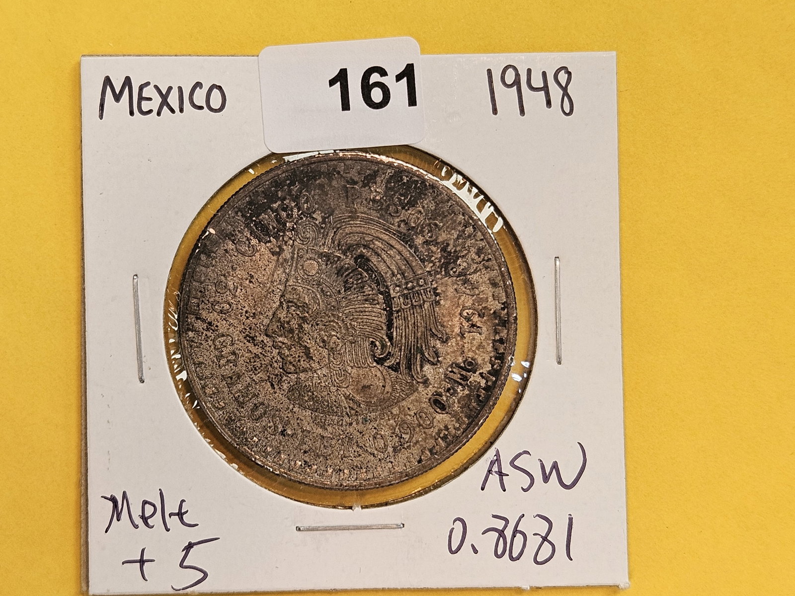 Uncirculated 1948 Mexico silver 5 pesos - 2