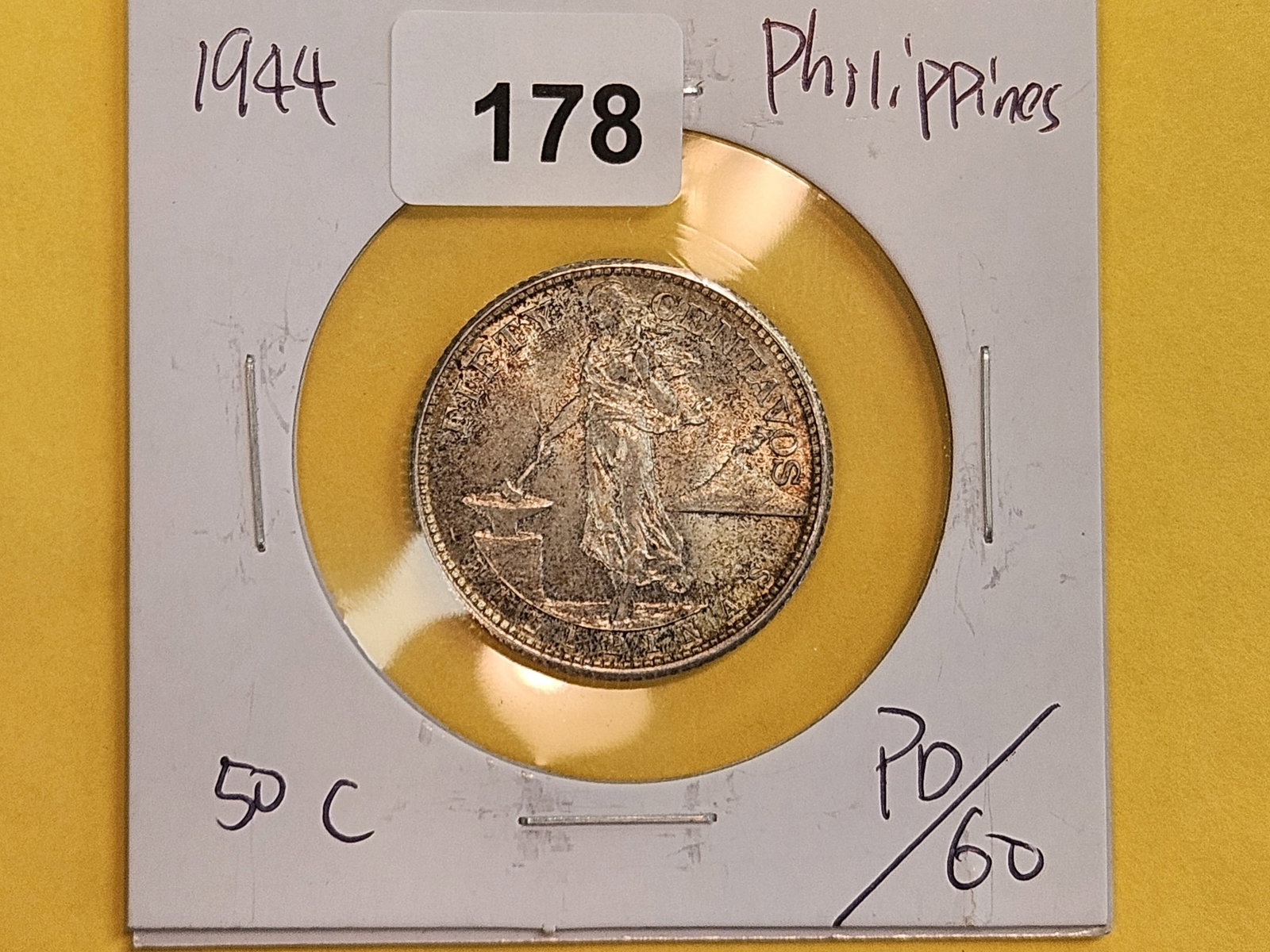 Brilliant AU-UNC 1944 Philippines silver 50 centavos - 2
