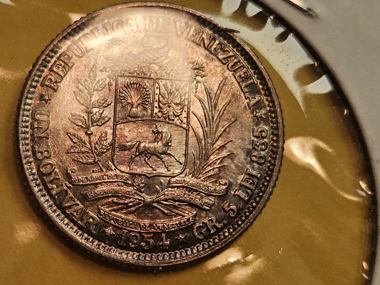 Choice Brilliant Uncirculated plus 1954 Venezuela silver bolivar - 5