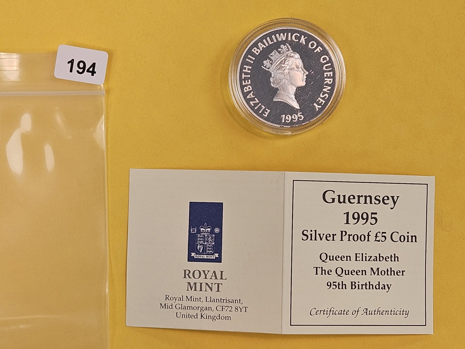 GEM Proof Deep Cameo 1995 Guernsey silver Five Pound Coin: In original plastic capsule with coa