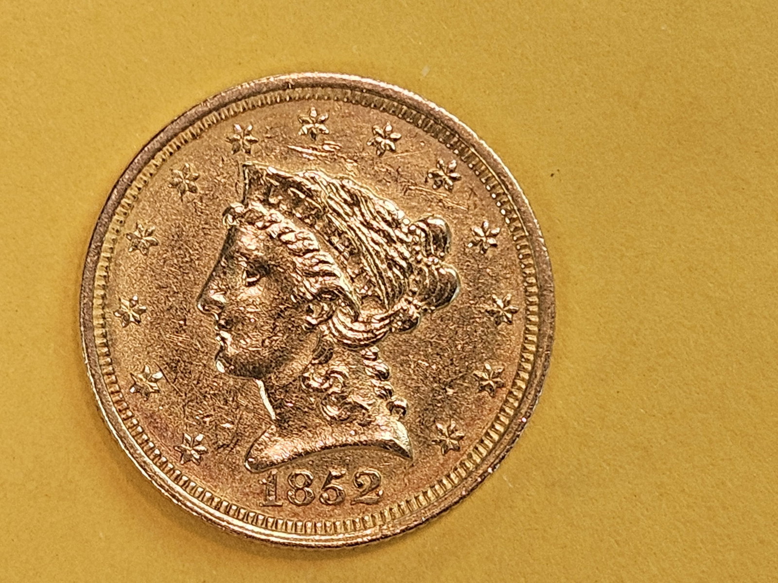 GOLD! Brilliant About Uncirculated 1852 Liberty Head Gold $2.5 Dollars - 3