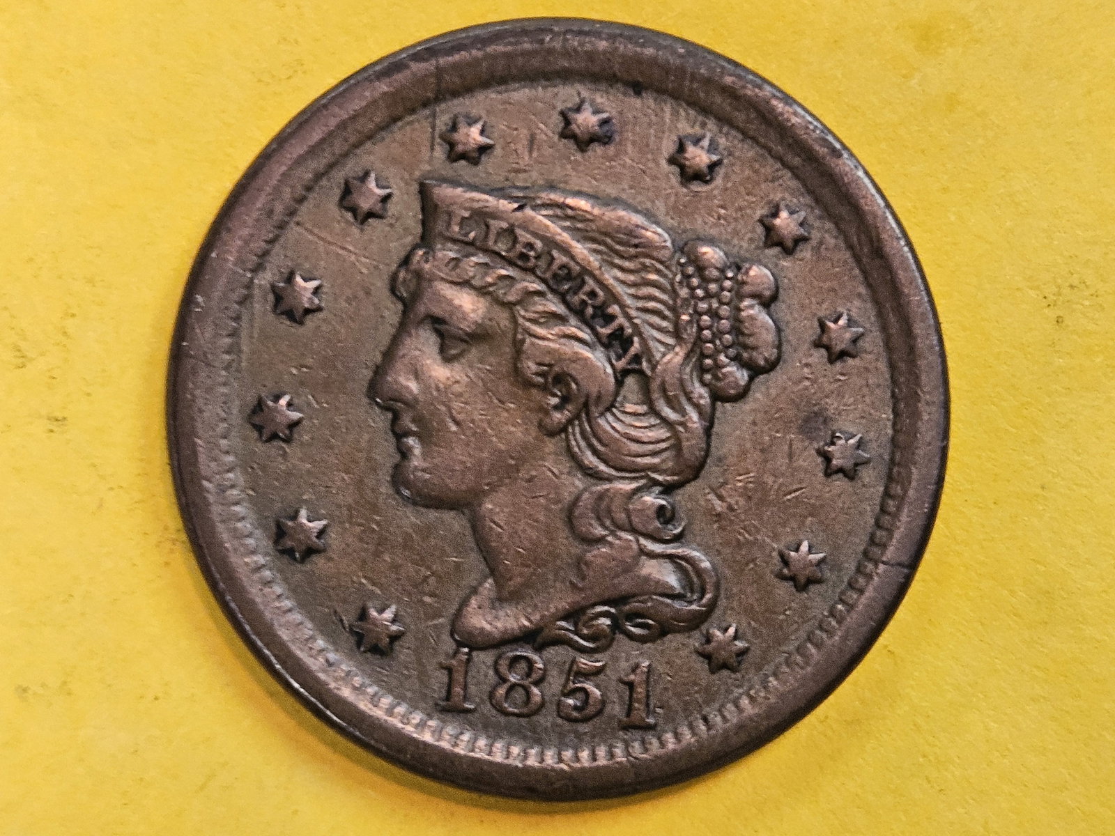 1851 Braided Hair Large Cent in Extra Fine plus - 3