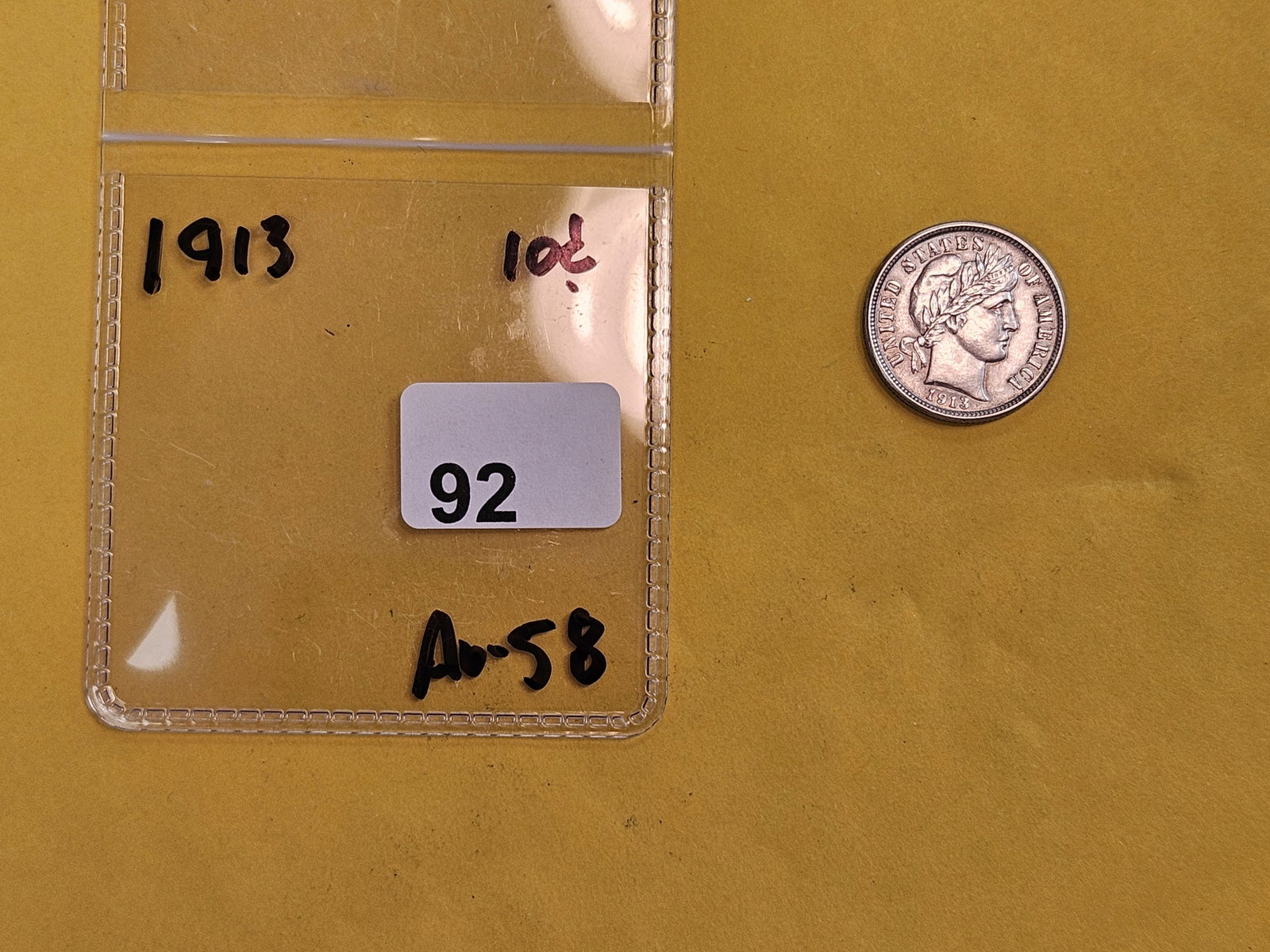 Bright 1913 Barber Dime in About Uncirculated - 58 - 2