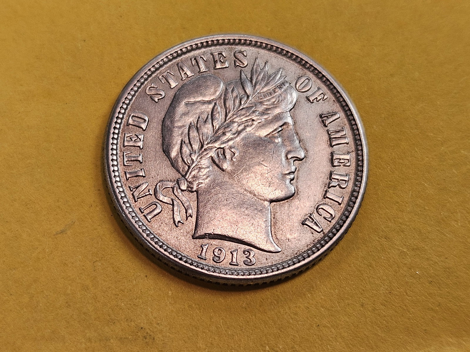 Bright 1913 Barber Dime in About Uncirculated - 58 - 3