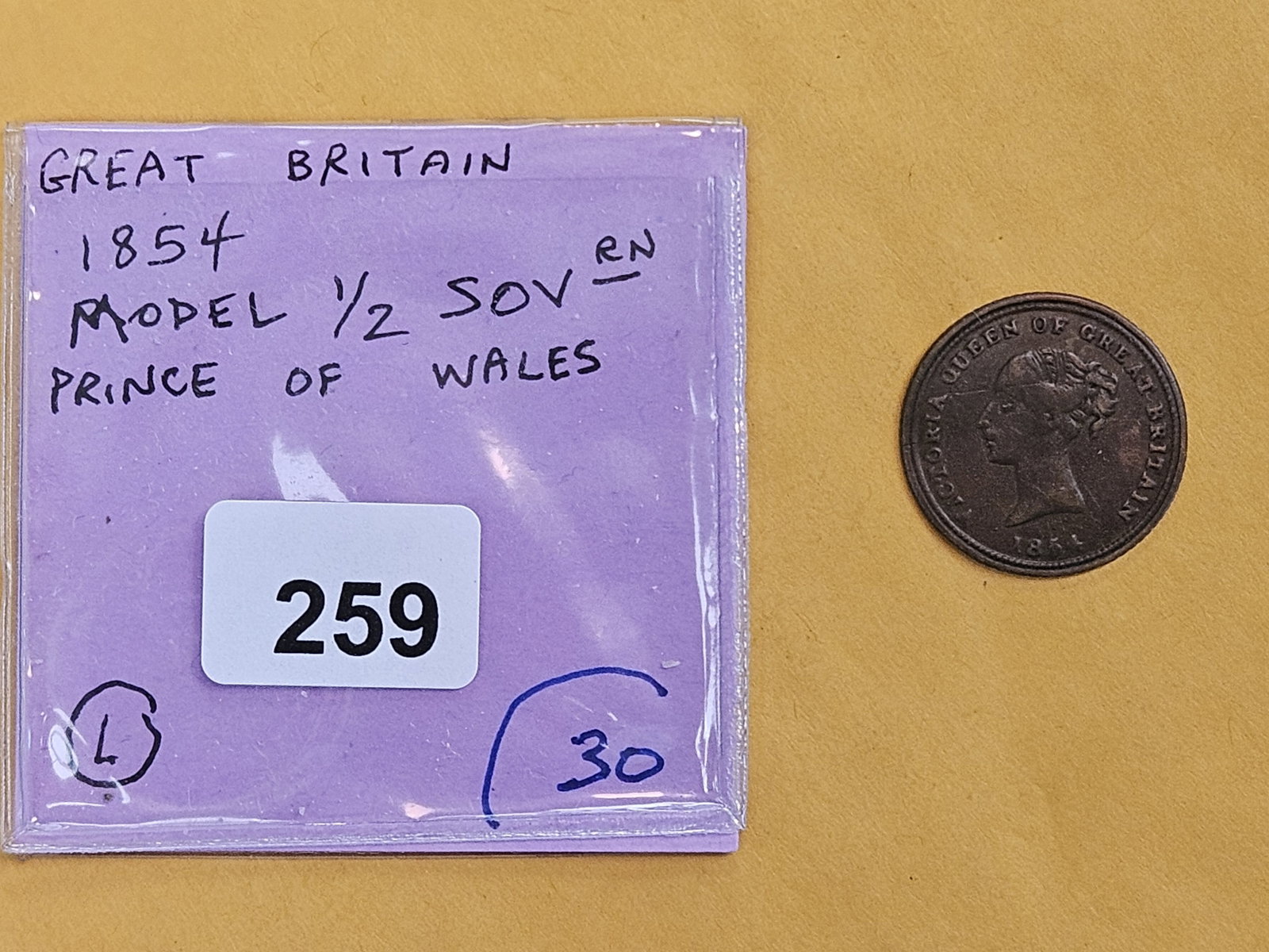 * Scarce * 1854 Great Britain Model 1/2 Sovereign - 2