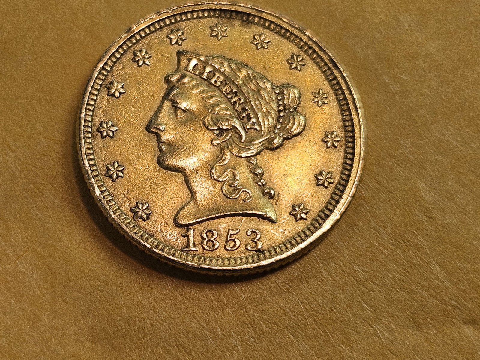 GOLD! About Uncirculated 1853 Gold Liberty Head $2.5 Dollars - 3