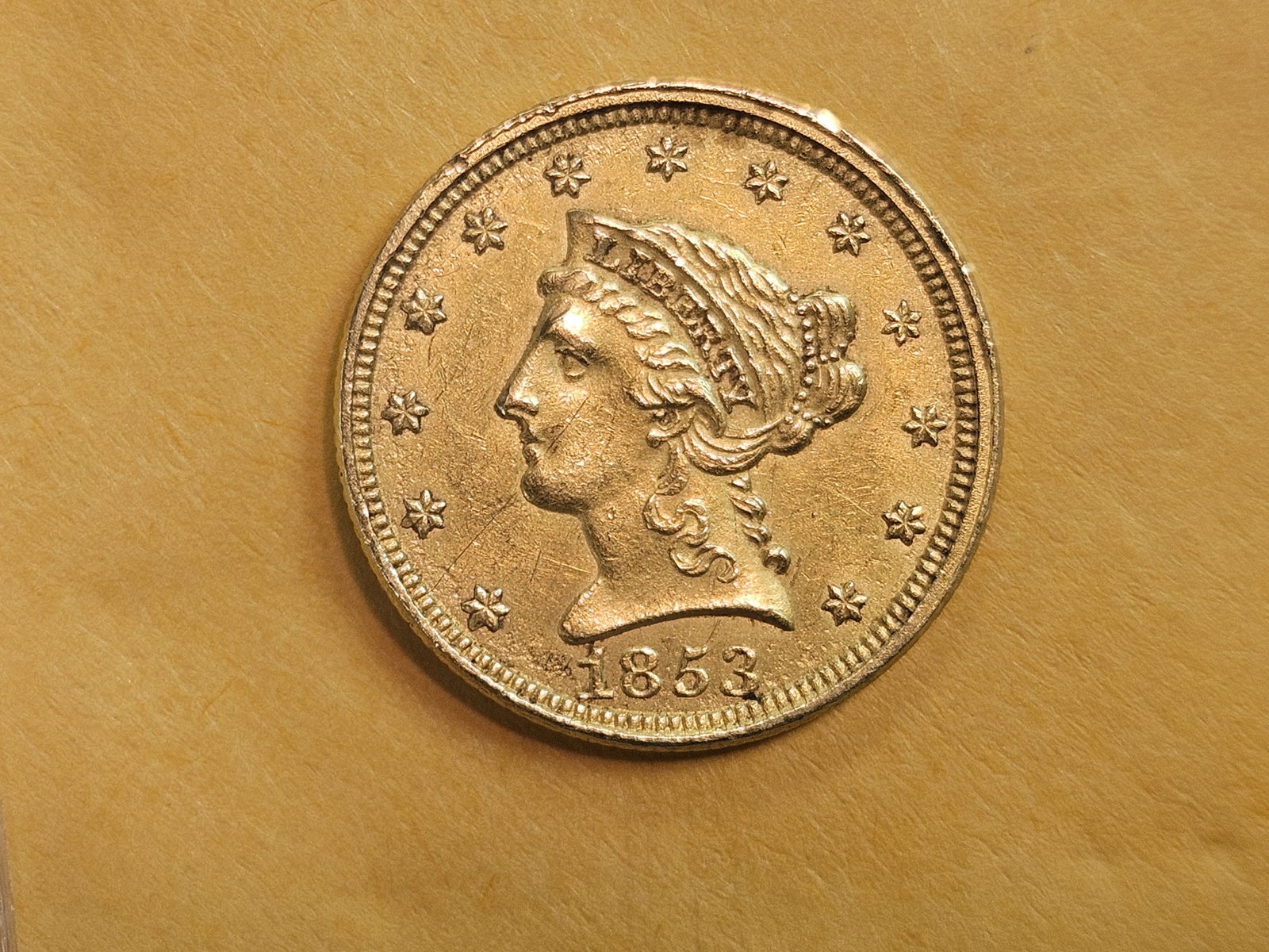 GOLD! About Uncirculated 1853 Gold Liberty Head $2.5 Dollars - 4