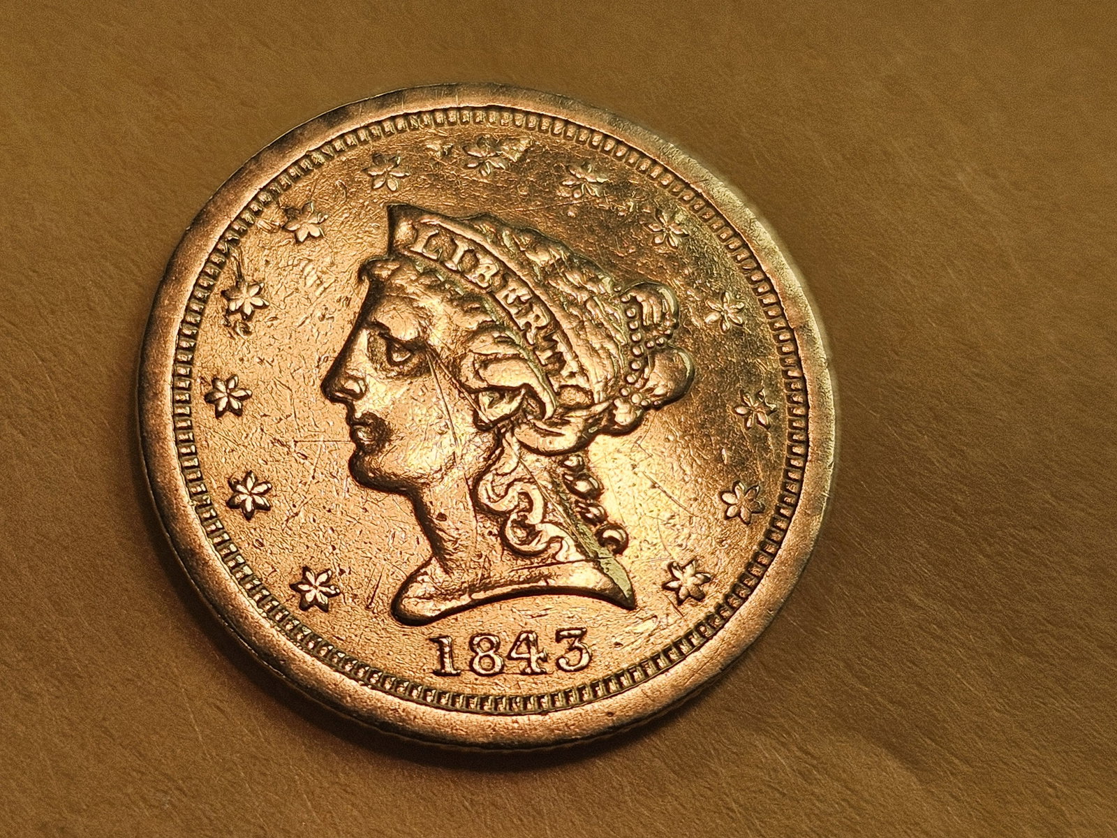 GOLD! Better Date 1843-O GOLD Liberty Head $2.5 Dollars - 3