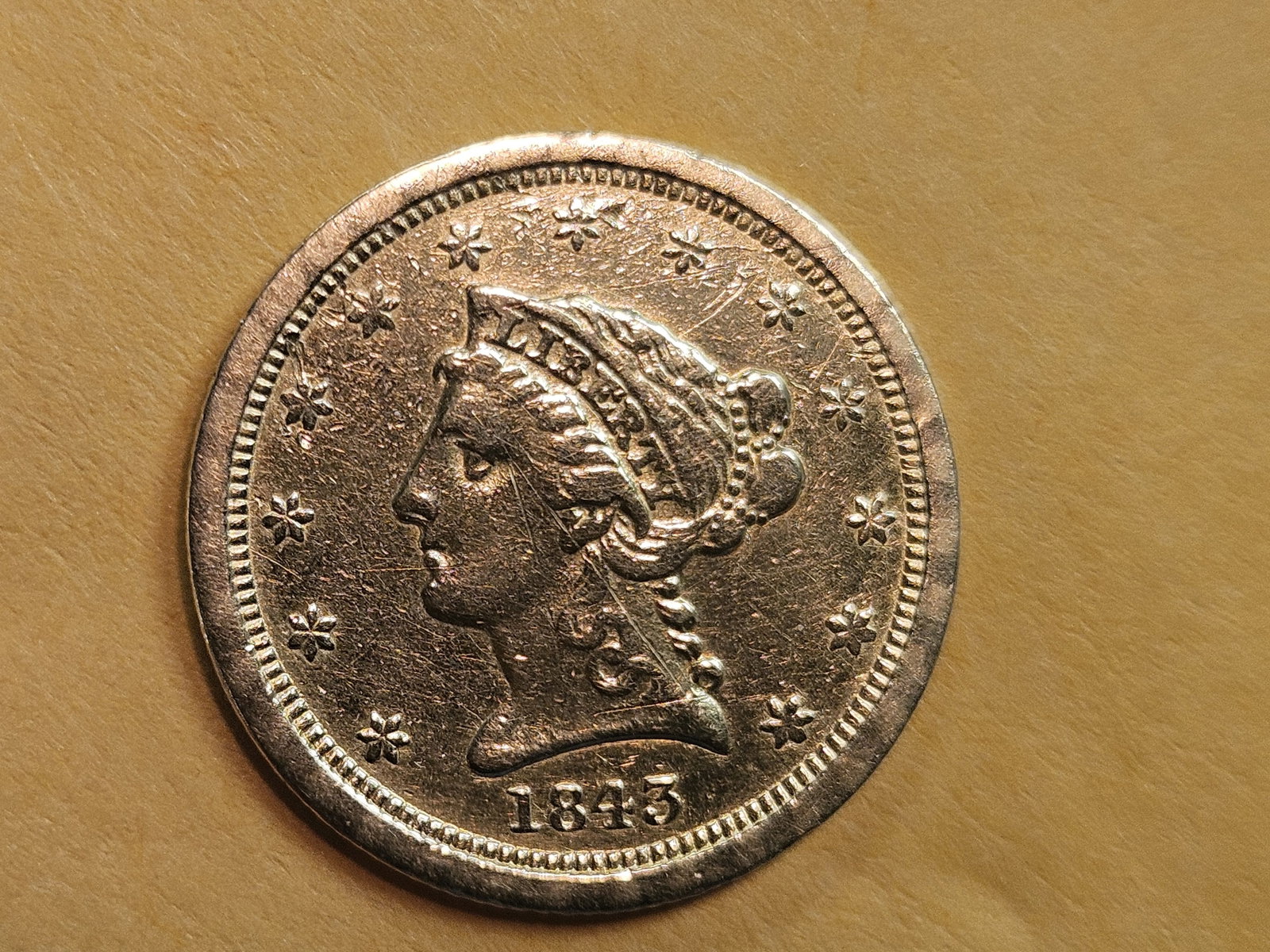 GOLD! Better Date 1843-O GOLD Liberty Head $2.5 Dollars - 4