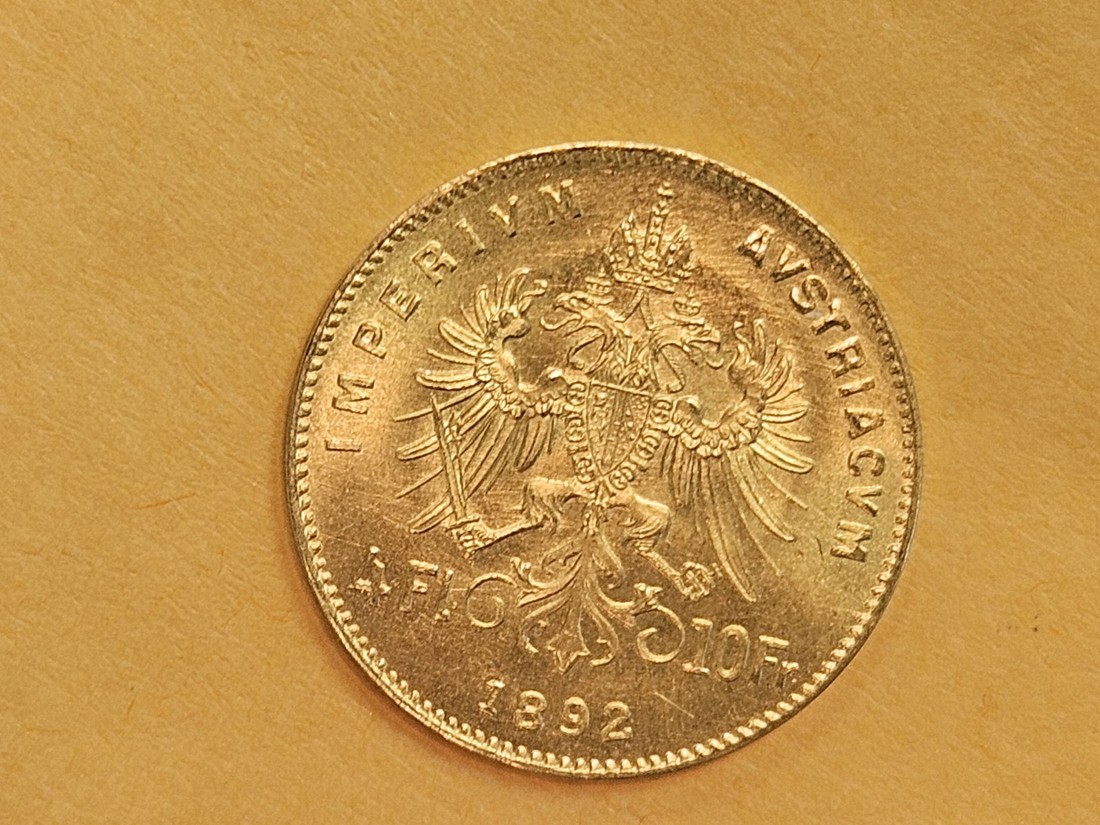 GOLD! GEM Brilliant Uncirculated 1892 Gold Austria 4 florins 10 francs - 6
