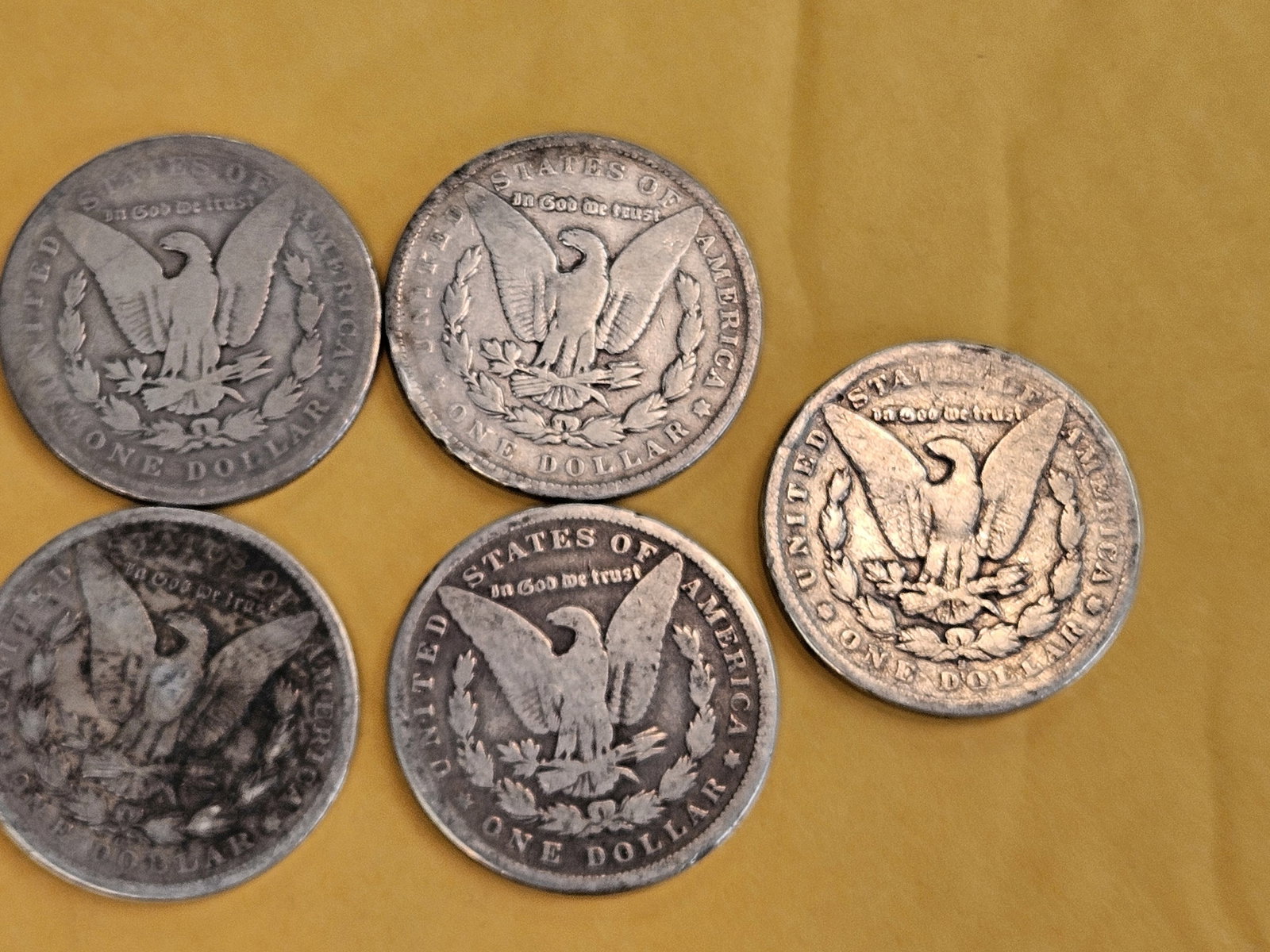 Five mixed Morgan Silver Dollars - 3