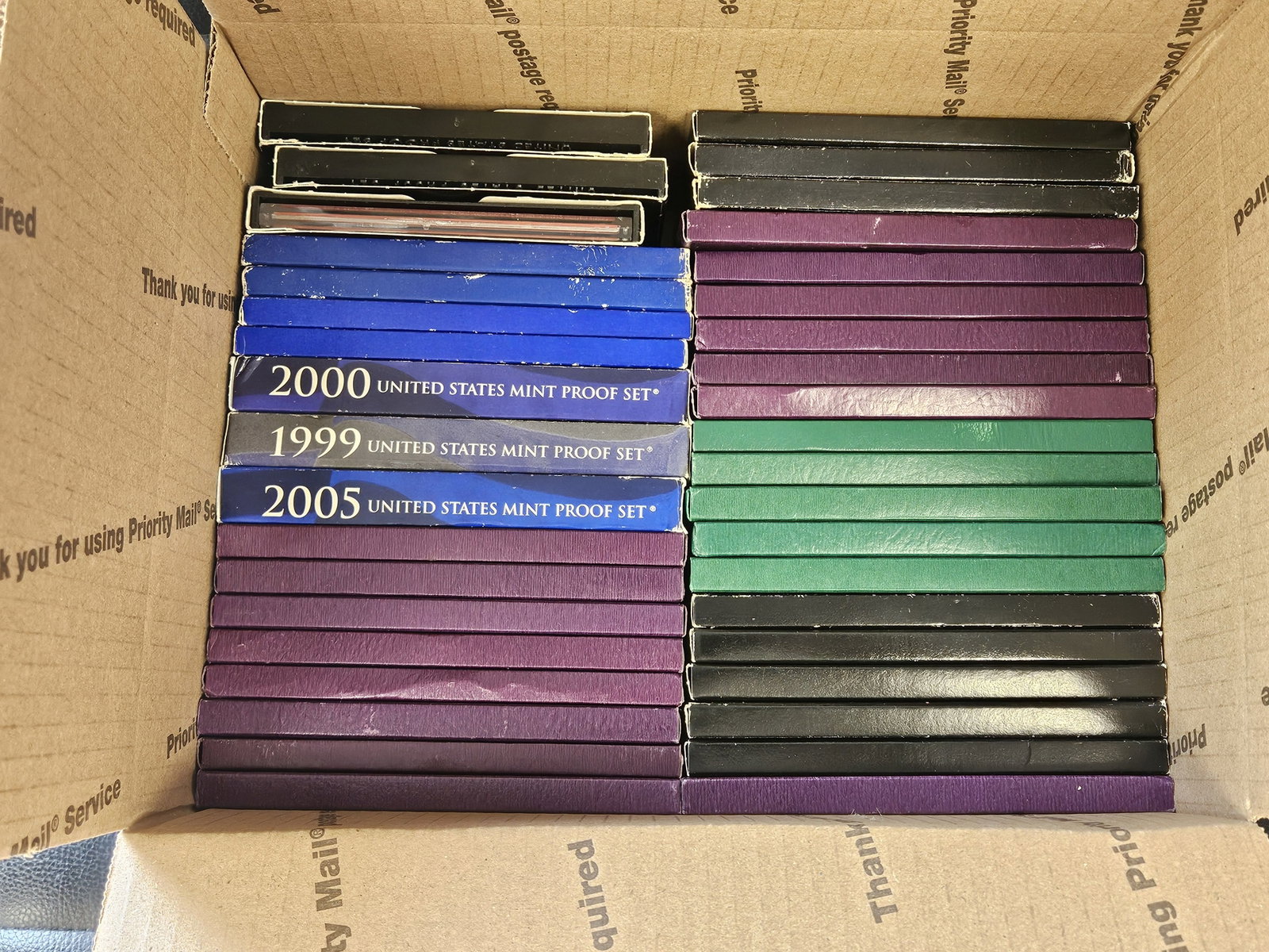 Thirty-eight US Proof Sets: Ships separately in a Flat Rate Medium Box. Some Duplicates. Mixed. No Combined shipping